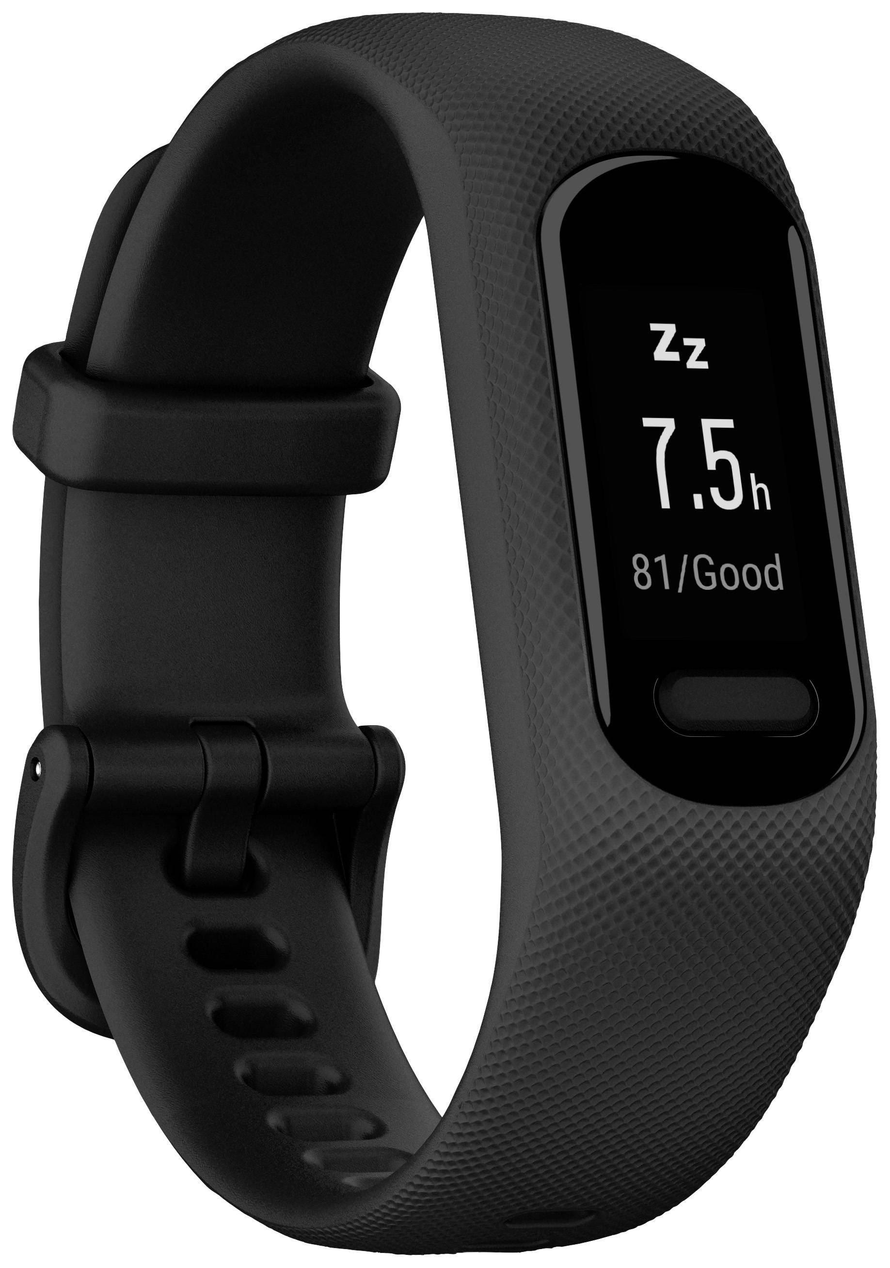 Schwarze Smartwatch mit Schlaftracking-Funktion, zeigt 7,5 Stunden Schlafzeit und eine Bewertung von 81/Good auf dem Display an.