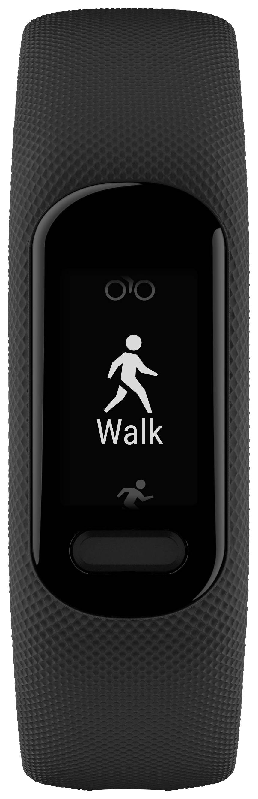 Schwarzes Fitnessarmband zeigt ein Piktogramm einer gehenden Person mit der Anzeige 'Walk' auf dem Bildschirm.