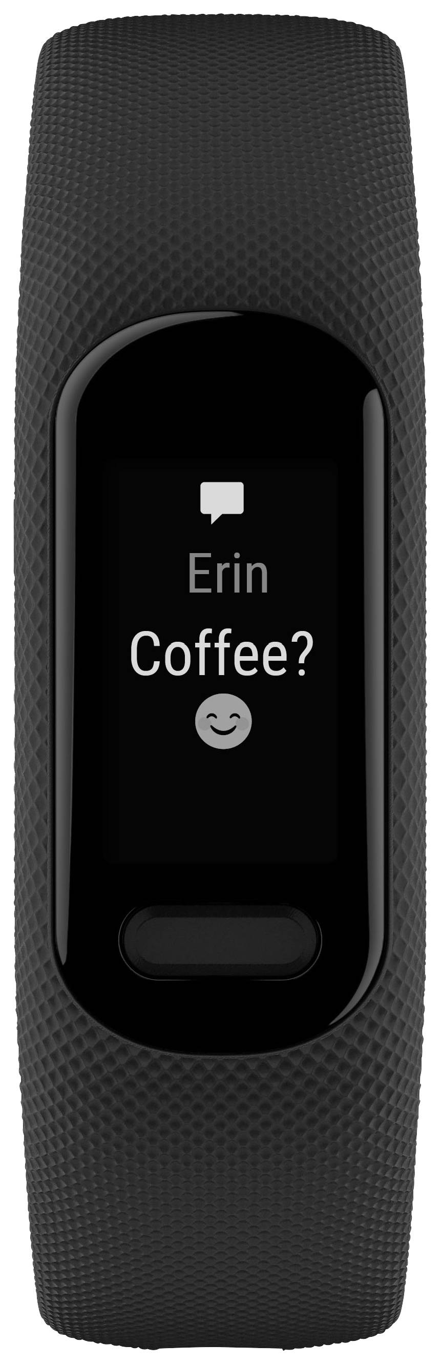 Fitness-Tracker mit einer Nachricht auf dem Display: 'Erin: Coffee?' und einem lächelnden Emoji.