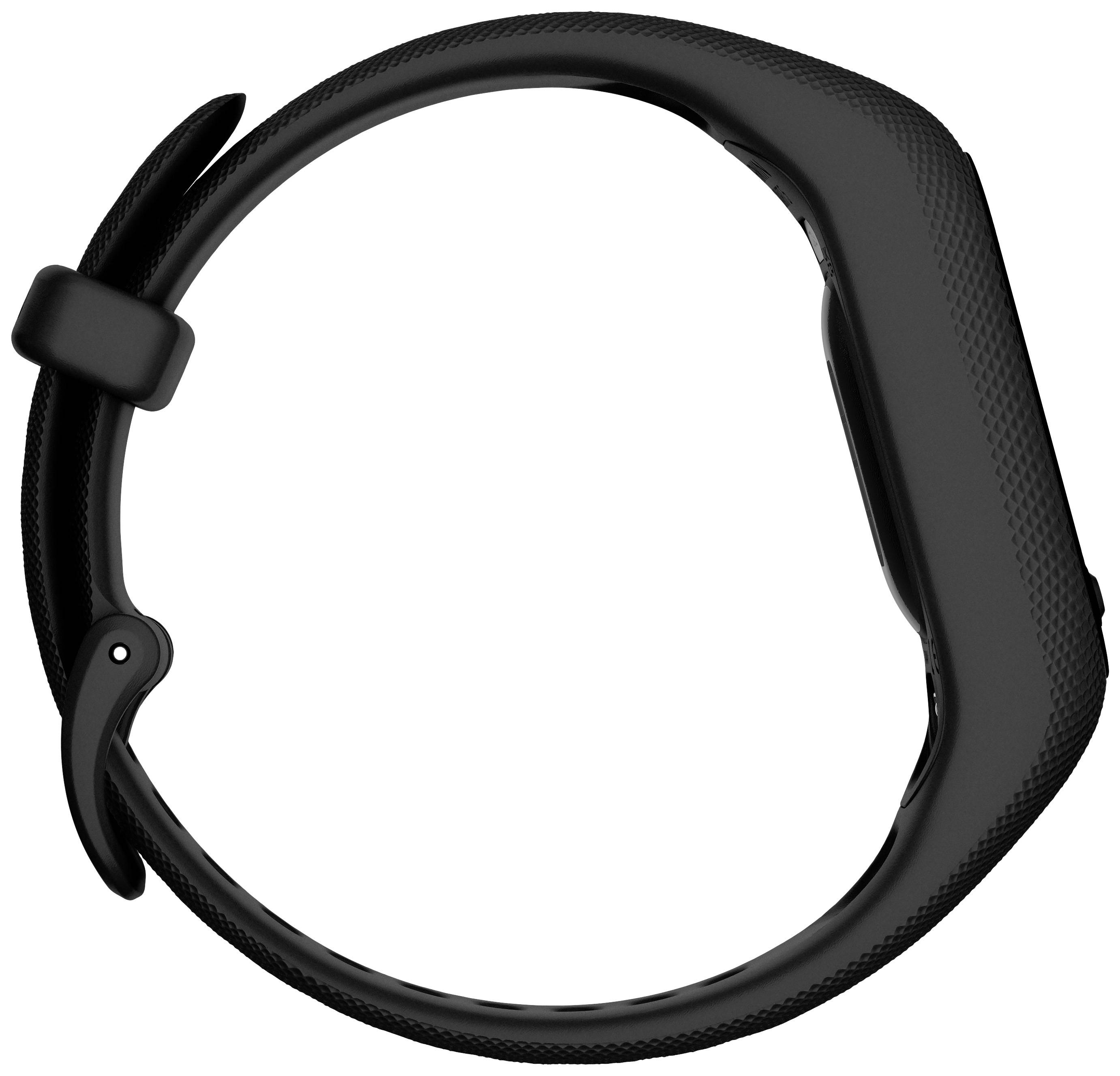 Schwarze Smartwatch in Seitenansicht mit strukturiertem Armband und rechteckigem Gehäuse, Display nicht sichtbar.