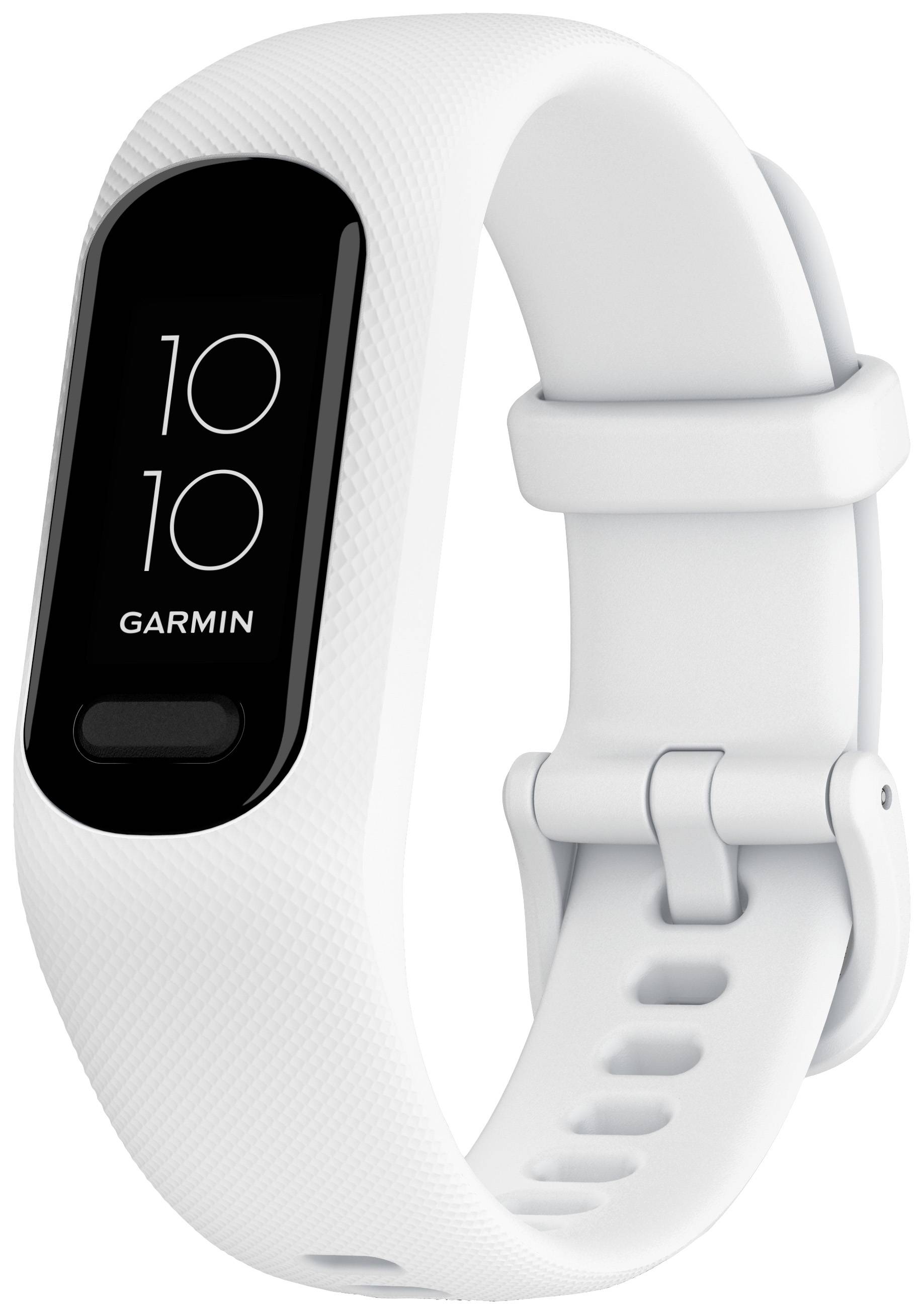 Ein weißes Fitnessarmband mit digitalem Display, das '10:10' anzeigt. Markenname 'Garmin' auf dem Display. Geeignet für Fitness-Tracking.