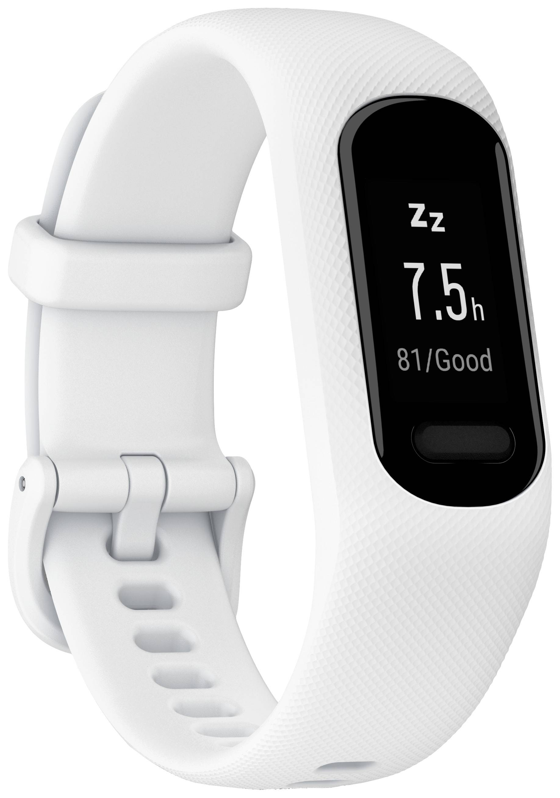 Eine weiße Fitnessuhr zeigt '7,5 h' mit einem 'Zz'-Symbol auf dem Bildschirm, darunter steht '81/Good', wahrscheinlich Daten zur Schlafqualität.