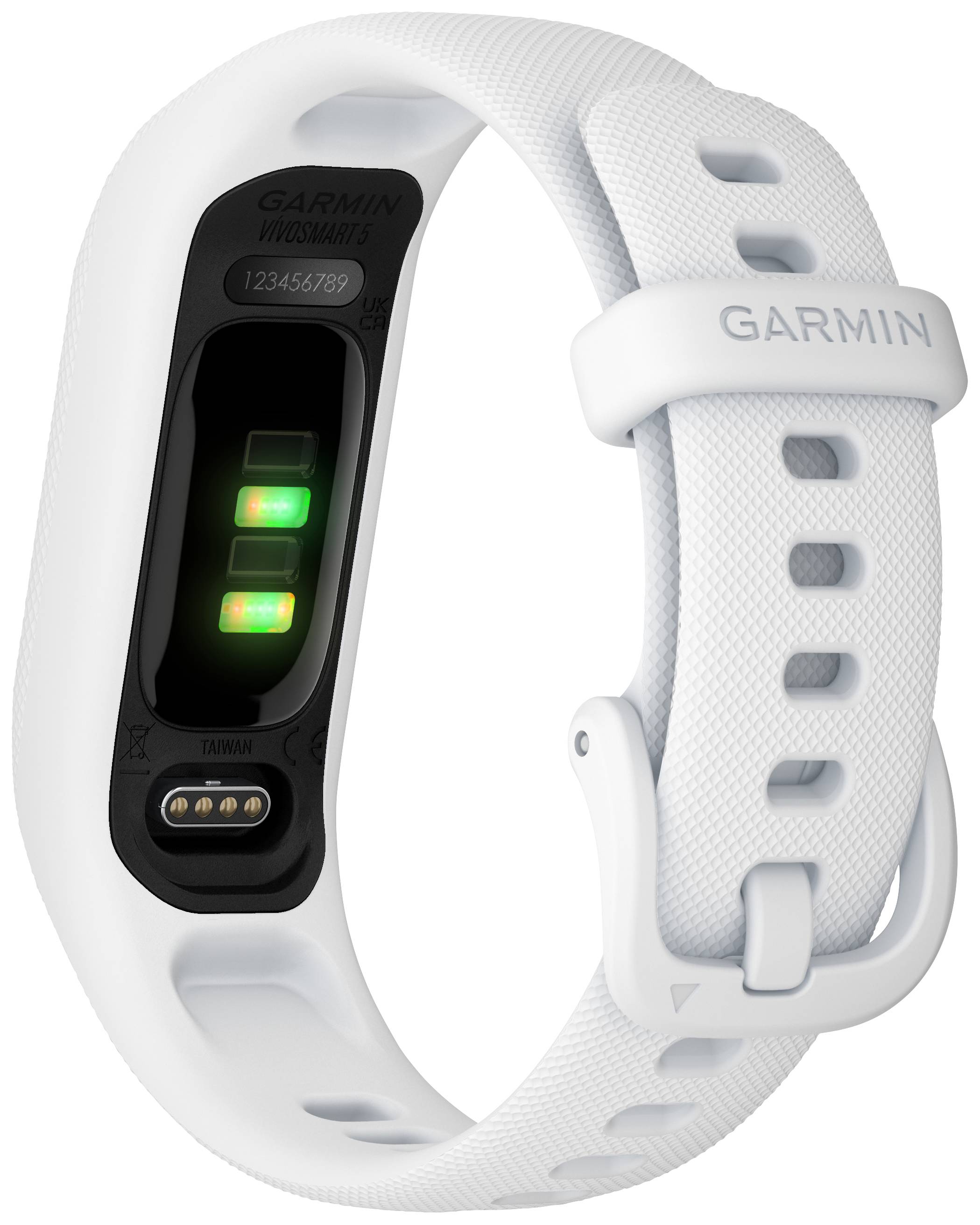 Ein weißes Fitnessarmband mit Sensoren auf der Rückseite. Ideal für Gesundheits- und Fitnessüberwachung.