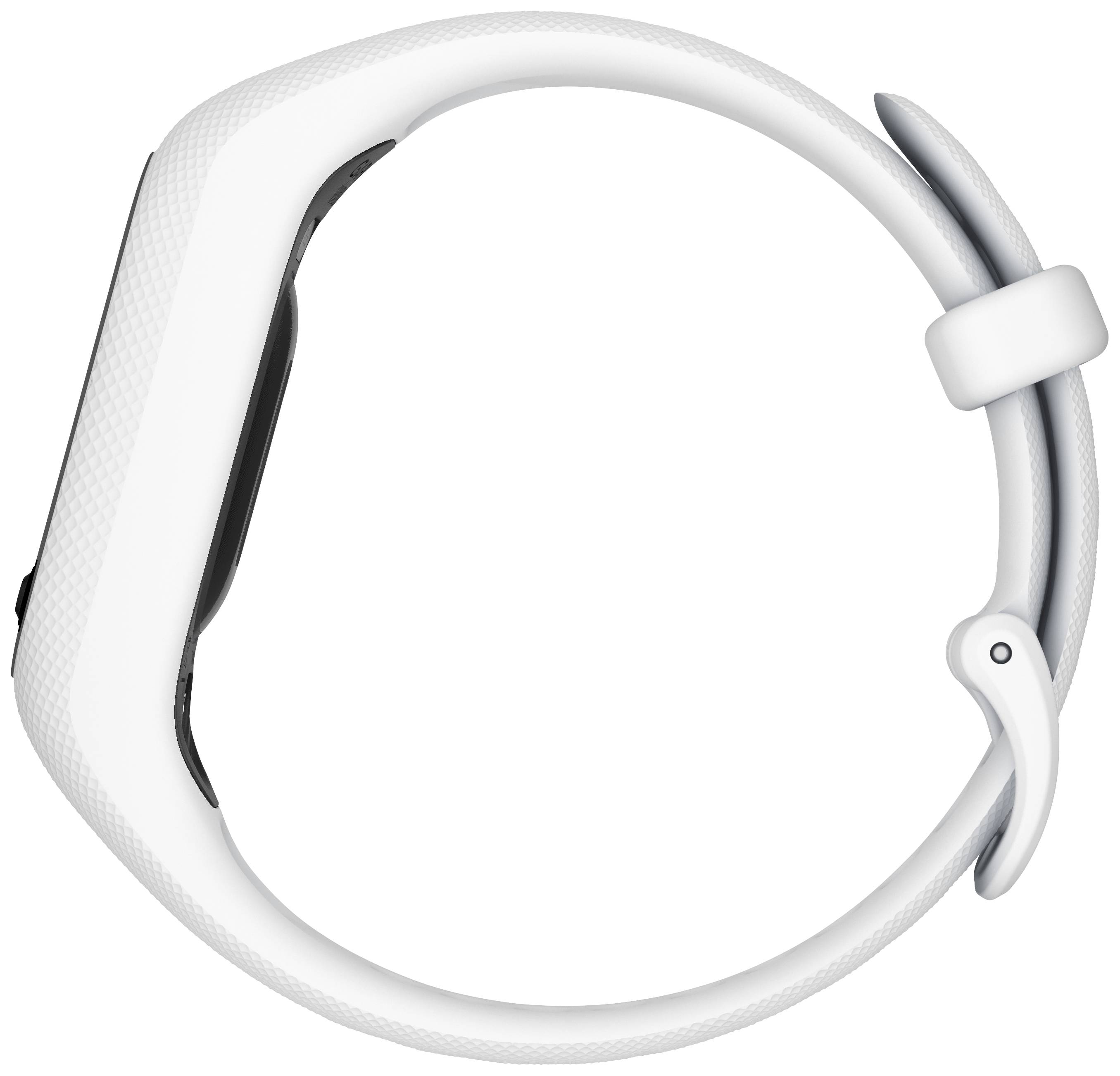 Die Abbildung zeigt ein weißes Smartwatch-Armband, seitlich betrachtet, mit einer Schnalle zur Größenanpassung.