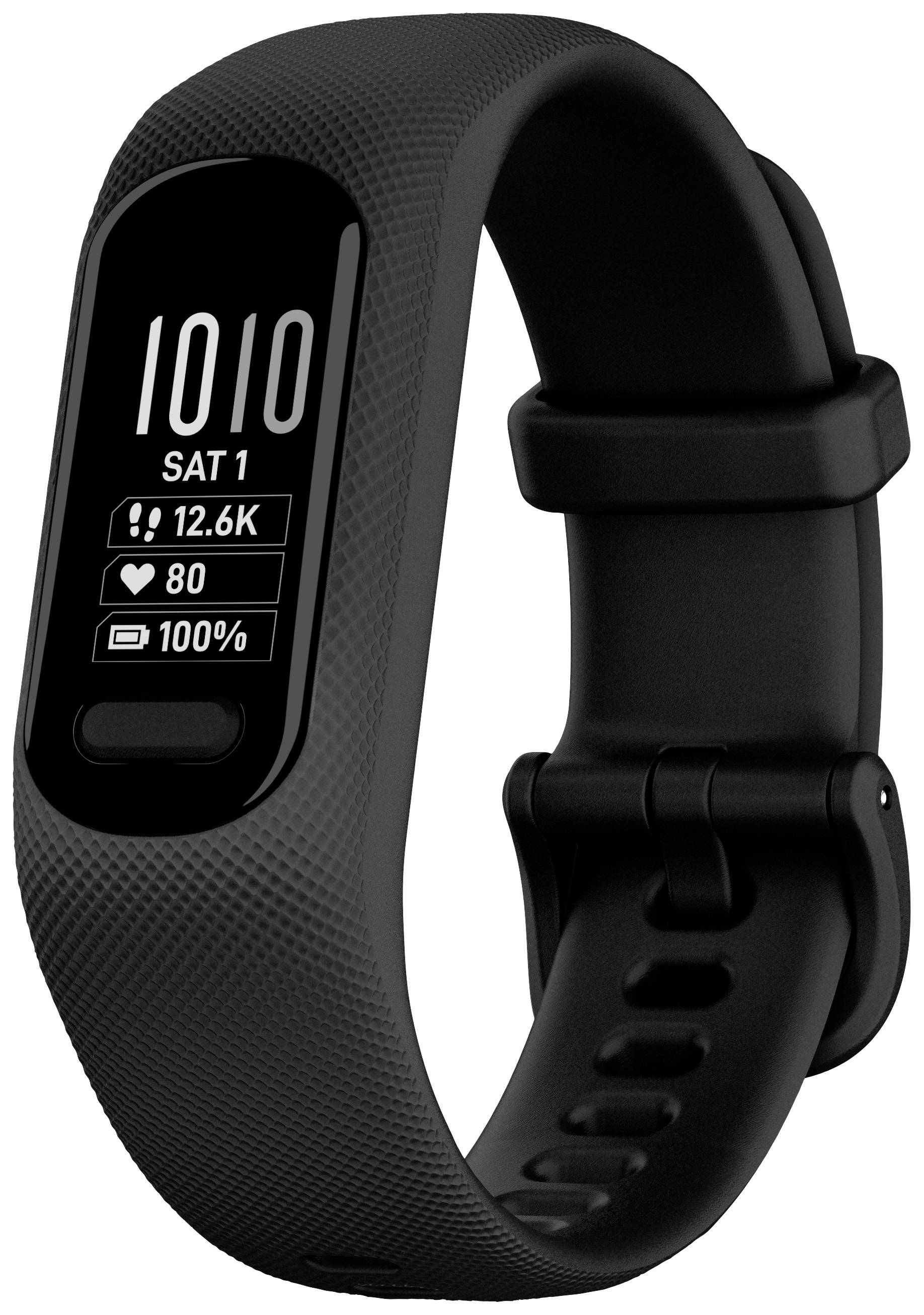 Eine schwarze Smartwatch mit Schrittzähleranzeige ('12.6K Schritte'), Herzfrequenz ('80') und Akkuanzeige ('100%') auf dem Bildschirm.