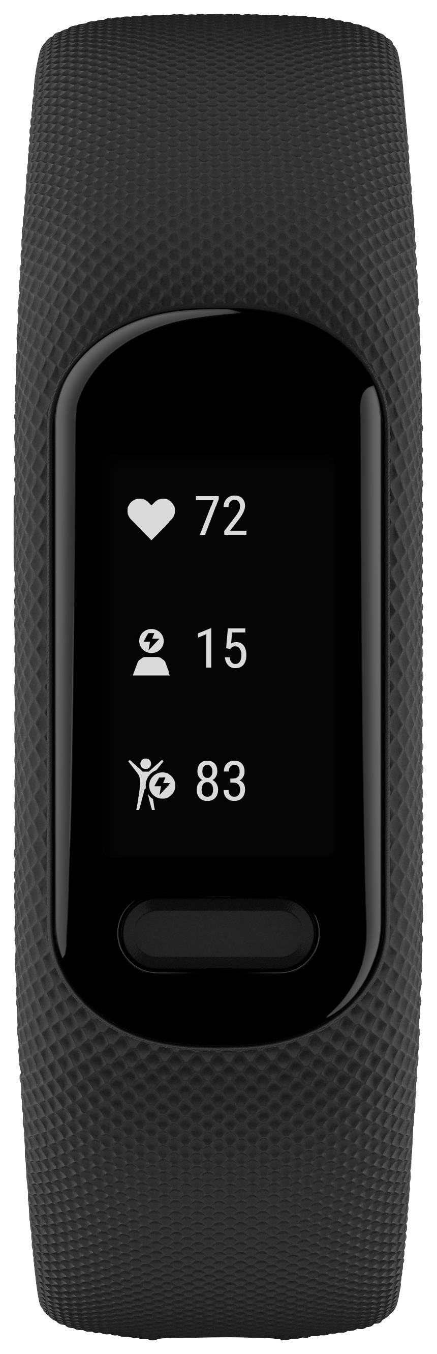 Schwarzer Fitnesstracker mit Display zeigt Herzfrequenz '72', Schrittschritte '15' und Aktivitätslevel '83'.