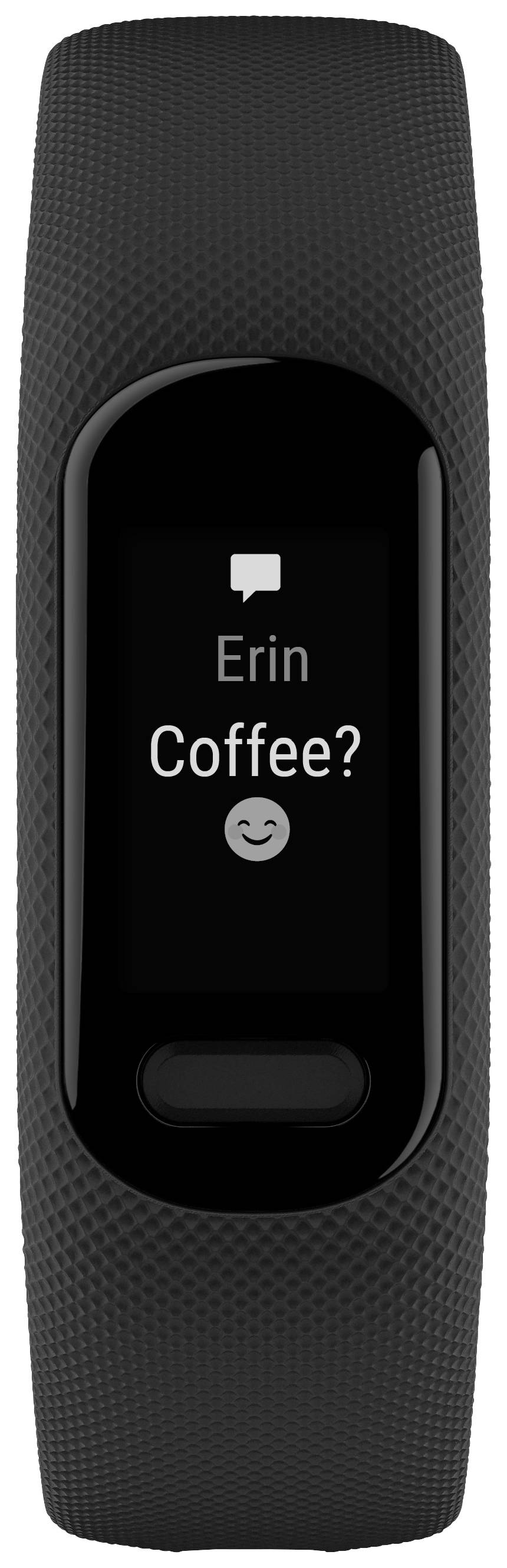 Schwarz-grauer Fitness-Tracker mit Nachricht auf dem Display: 'Erin: Coffee?' und einem Smiley-Gesicht-Symbol.