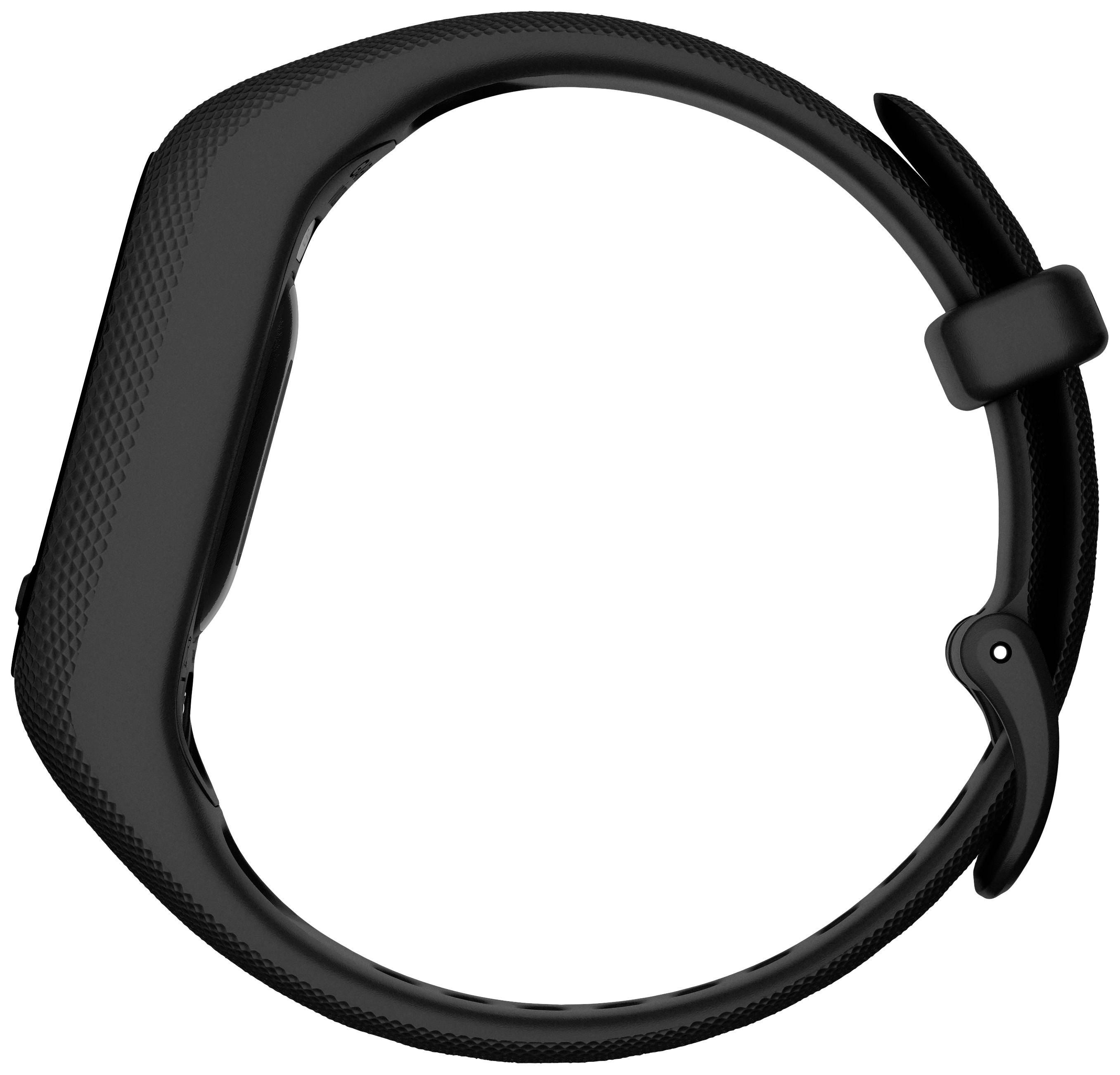 Ein schwarzes Armband mit einer rechteckigen Vorrichtung, möglicherweise ein Smartwatch- oder Fitness-Tracker-Gehäuse, seitlich betrachtet.