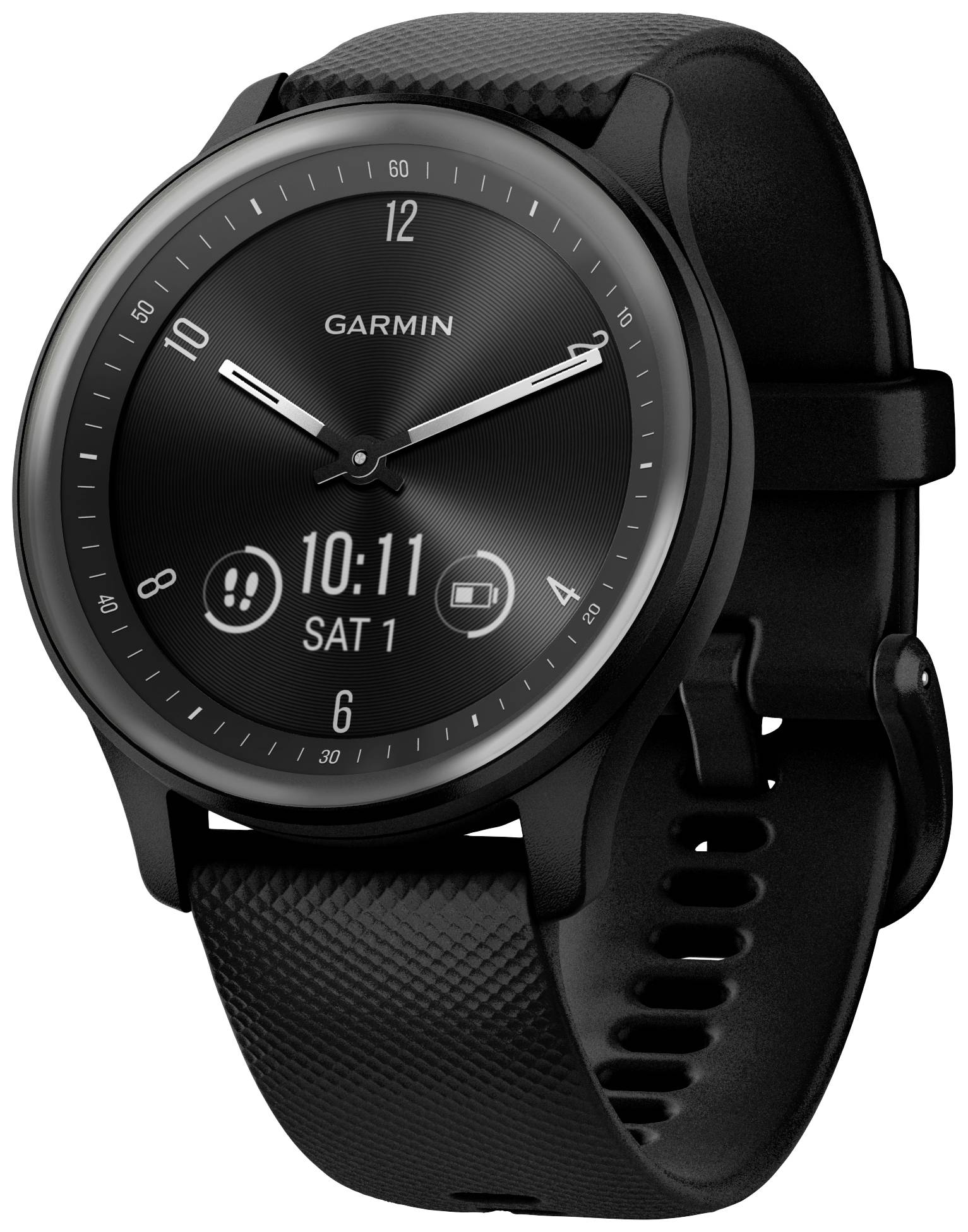Eine schwarze Smartwatch mit analogem Zifferblatt und digitalem Bildschirm zeigt '10:11' an. Das Datum ist 'SAT 1'.