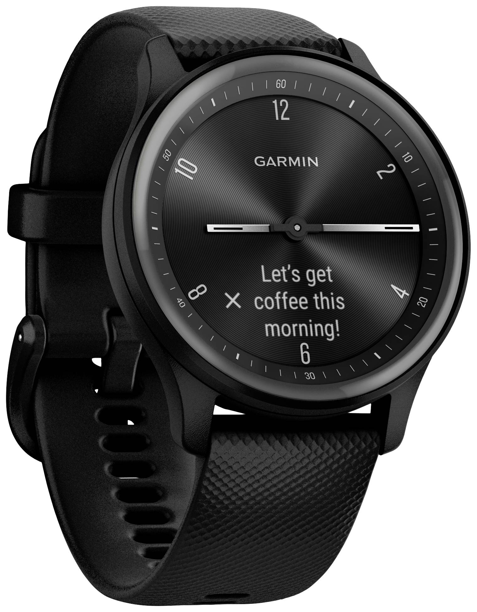 Eine schwarze Smartwatch mit rundem Zifferblatt zeigt die Nachricht 'Let's get coffee this morning!' an. Hintergrund neutral.