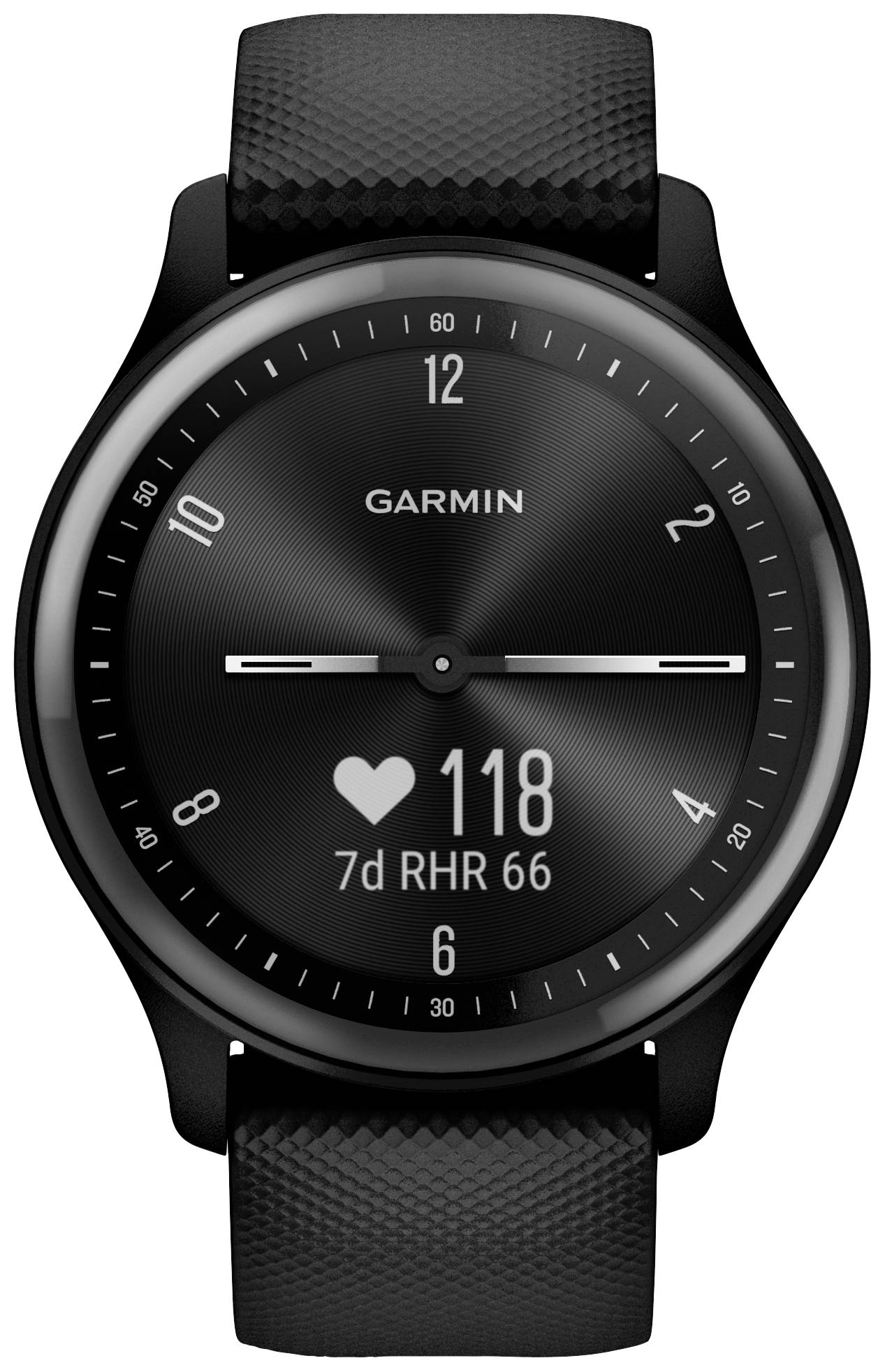 Eine schwarze Smartwatch zeigt die Uhrzeit und den Herzfrequenzwert von 118 an. Darunter steht '7d RHR 66'.