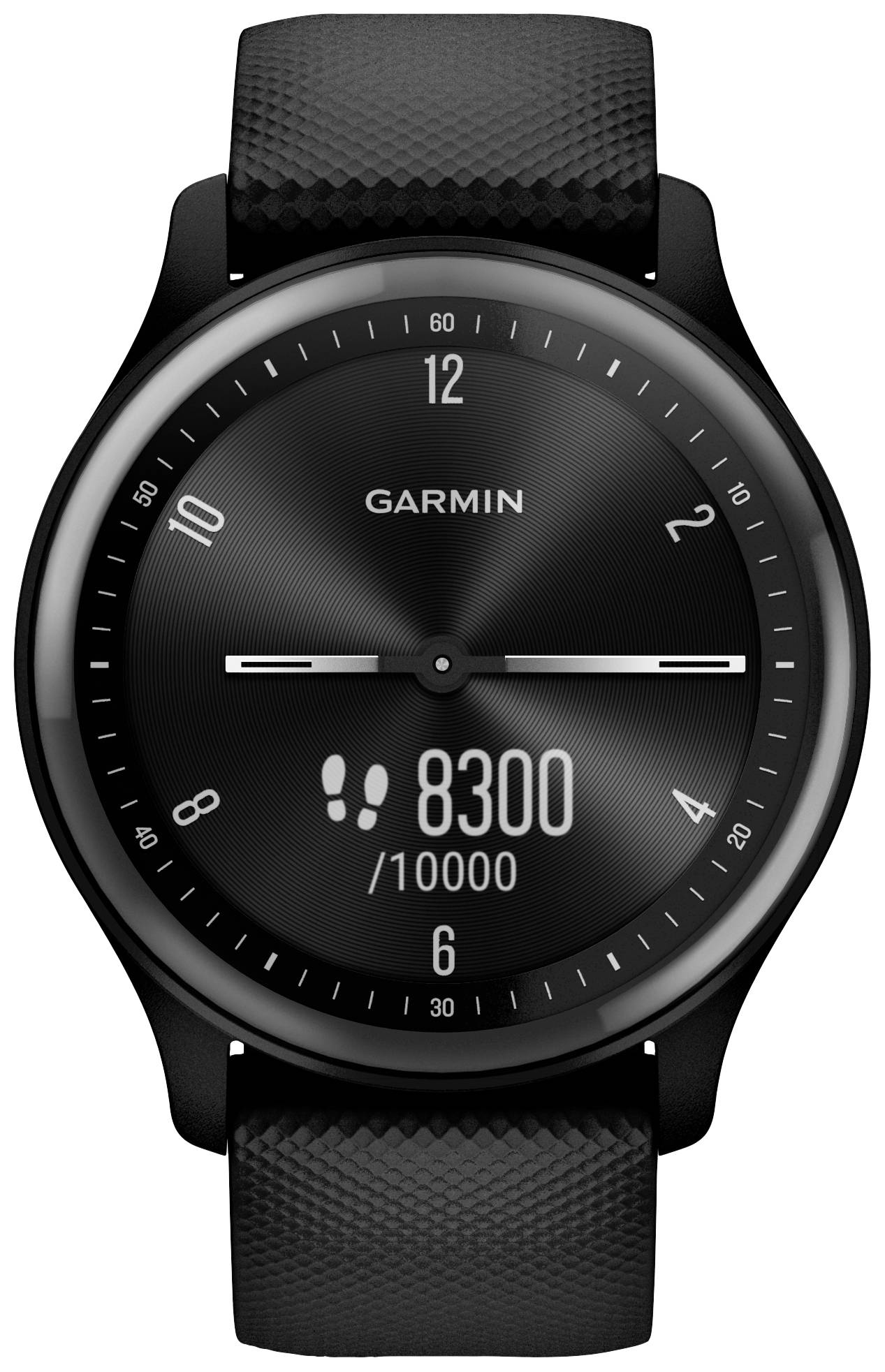 Eine schwarze Smartwatch zeigt auf dem Zifferblatt 'GARMIN' und '8300/10000' Schritte an.
