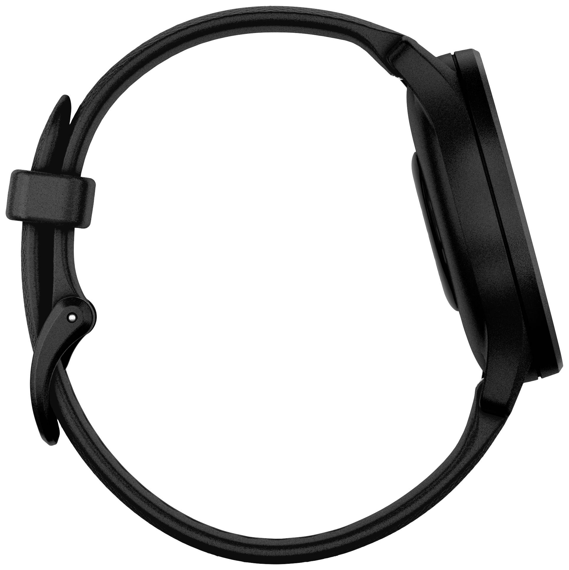 Die Abbildung zeigt eine schwarze Smartwatch von der Seite, wobei das Uhrengehäuse und das Armband sichtbar sind.