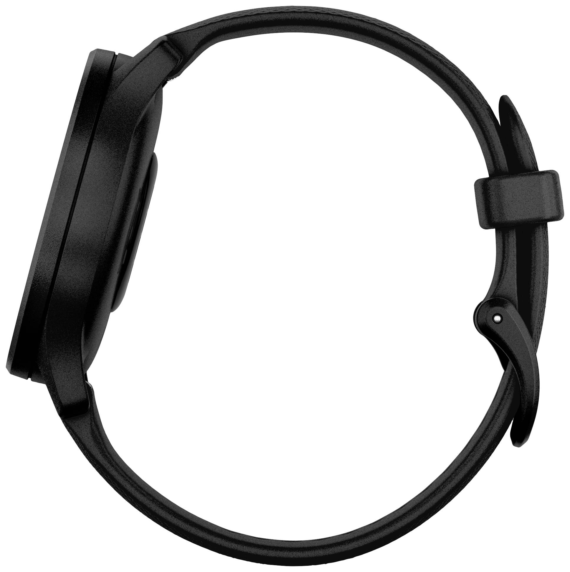 Schwarze Kunststoffarmbanduhr seitlich betrachtet, zeigt das Gehäuse und Armband, ohne sichtbare Details des Zifferblatts.