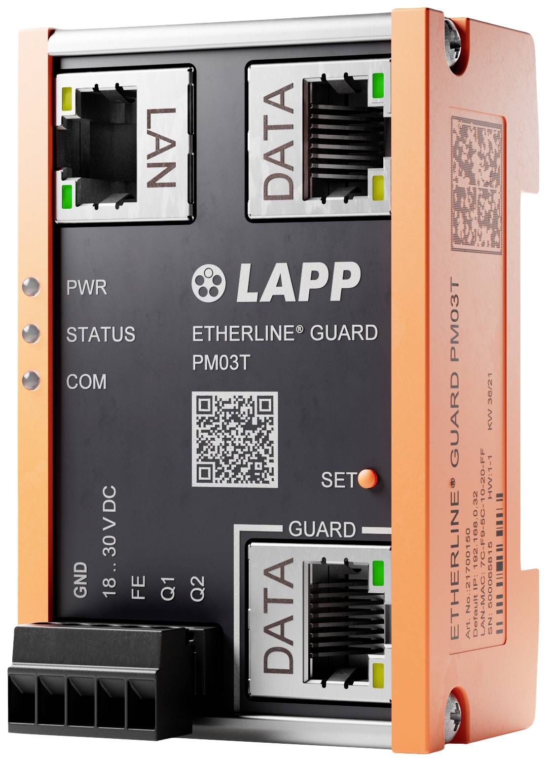 Industrierouter mit LAN- und Datenanschlüssen, einem QR-Code und Aufschrift 'LAPP ETHERLINE GUARD PM03T', orange-schwarz.