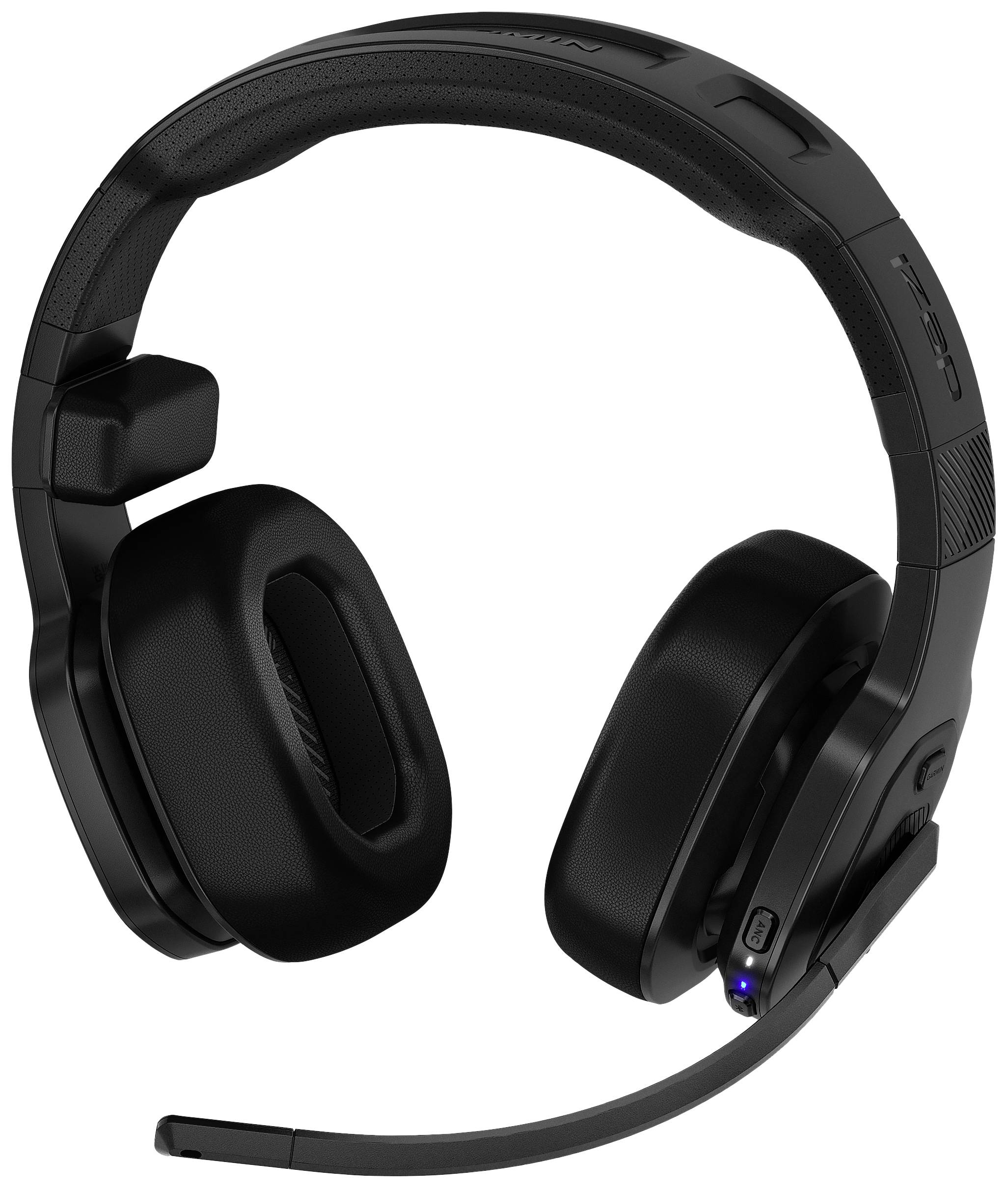 Schwarzes kabelloses Gaming-Headset mit gepolstertem Kopfbügel und Mikrofonarm, geeignet für komfortables längeres Tragen beim Spielen.
