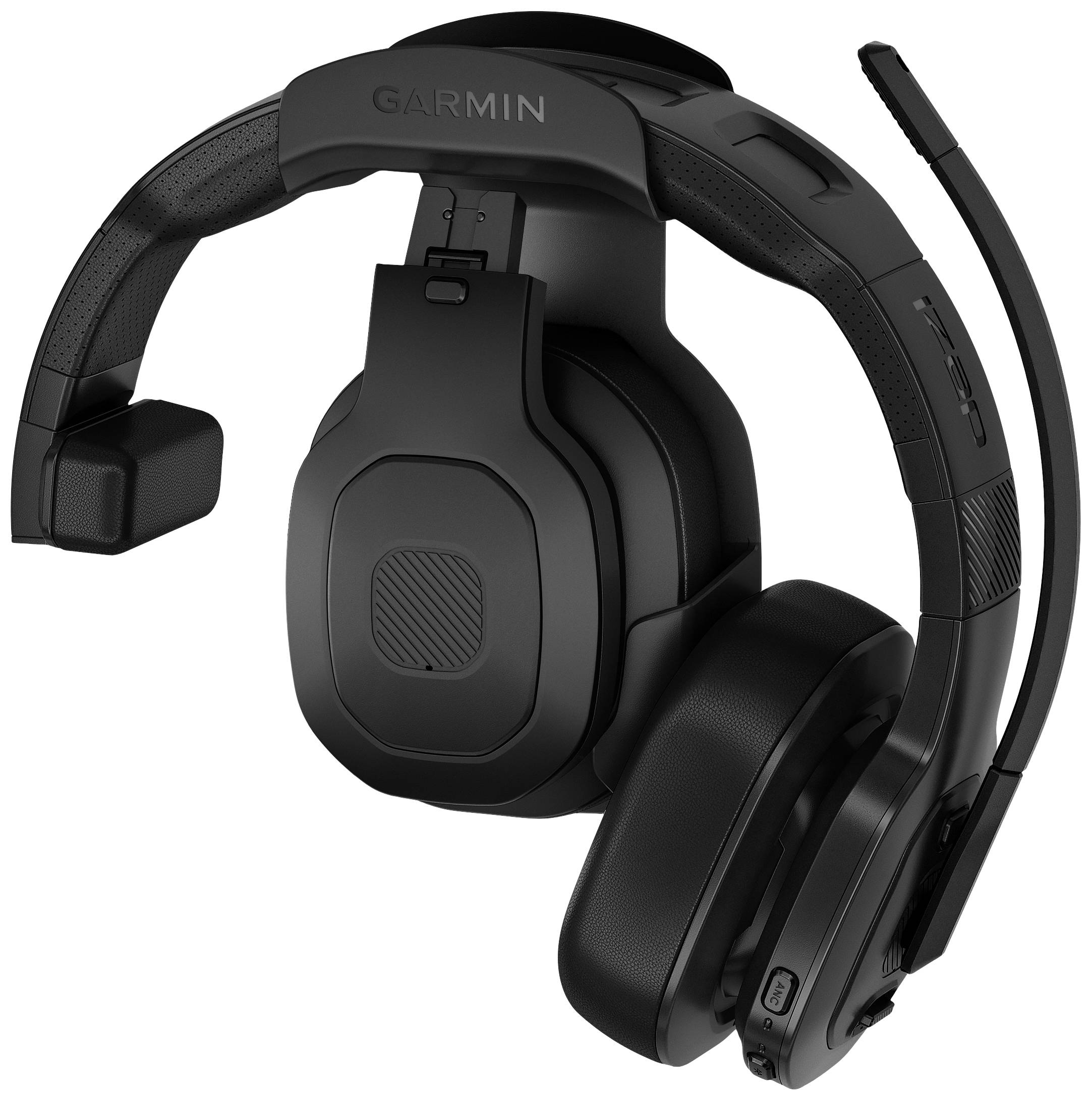 Ein schwarzes Gaming-Headset mit Mikrofon von der Marke Garmin, sichtbar von der Vorderseite. Design ist modern und ergonomisch.