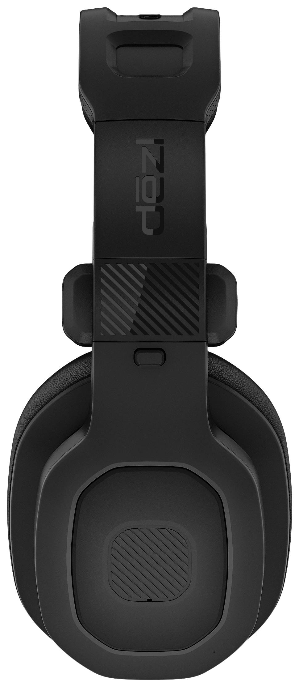 Schwarzer Over-Ear-Kopfhörer aus Kunststoff mit gepolstertem Bügel und Ohrmuscheln; seitliche Ansicht.