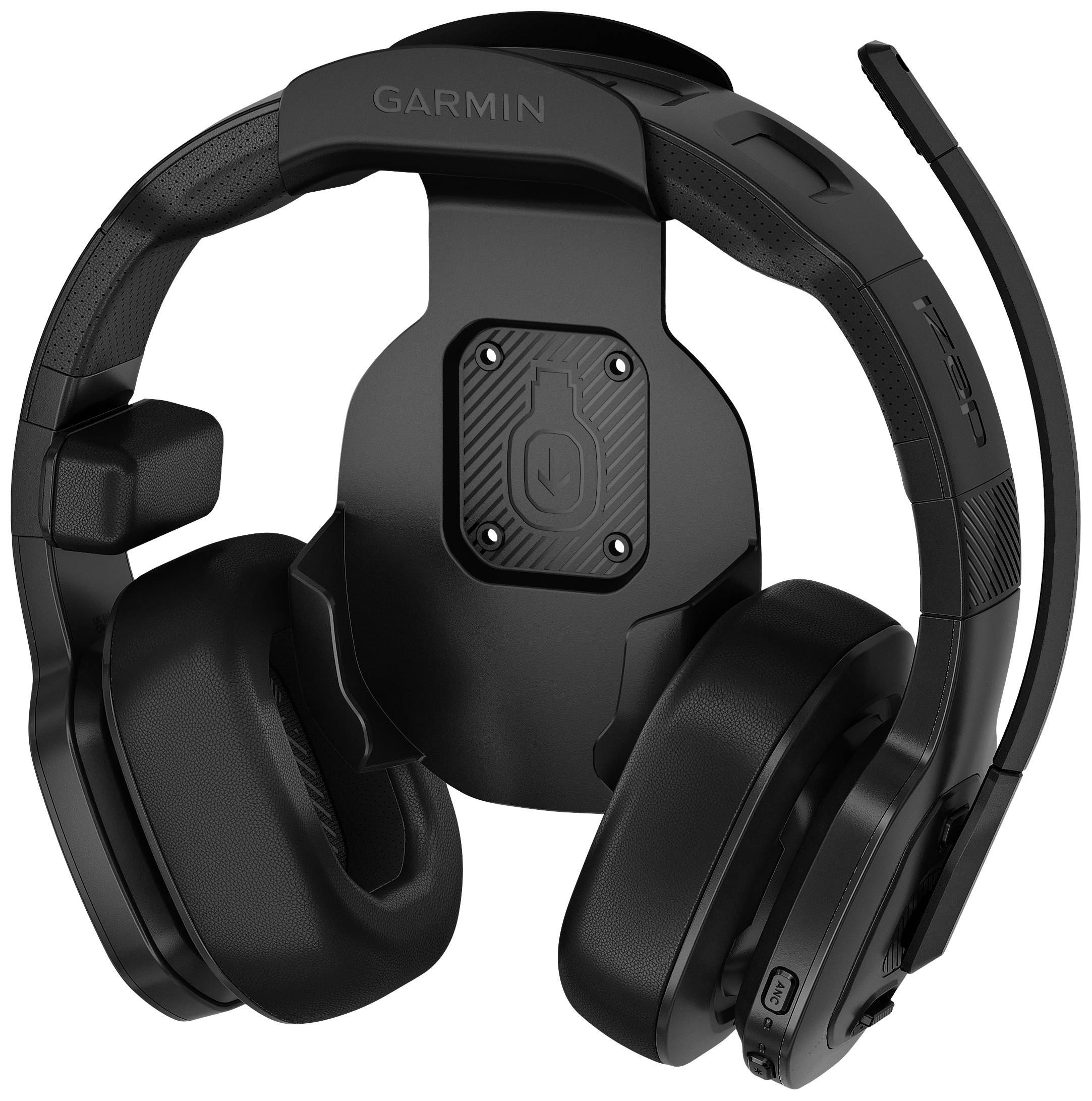Schwarzes Gaming-Headset mit Mikrofon und markanter Überkopfbügelaufhängung. Es trägt den Markennamen 'Garmin'.