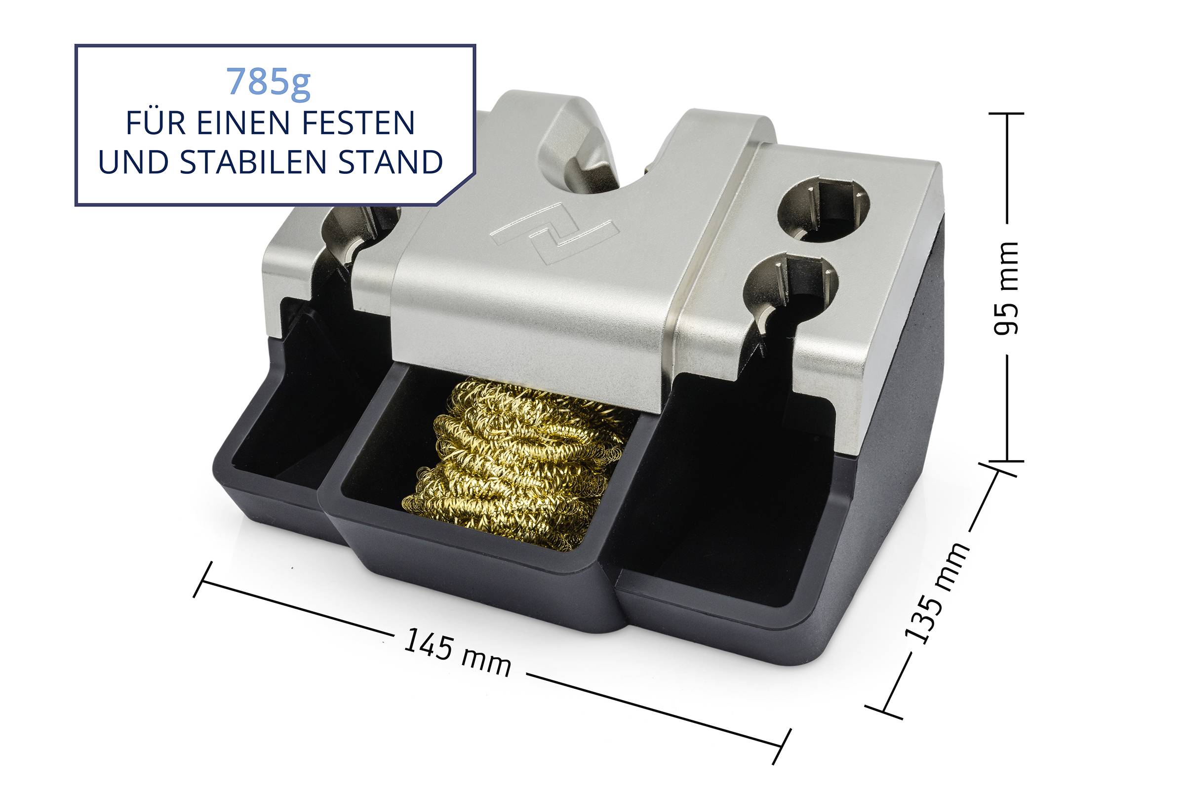 Ein Gewicht mit den Maßen von 145 mm x 135 mm x 95 mm, wiegt 785g, und wird zur Stabilisierung verwendet. Integriert ist ein Abschnitt mit Goldseil.