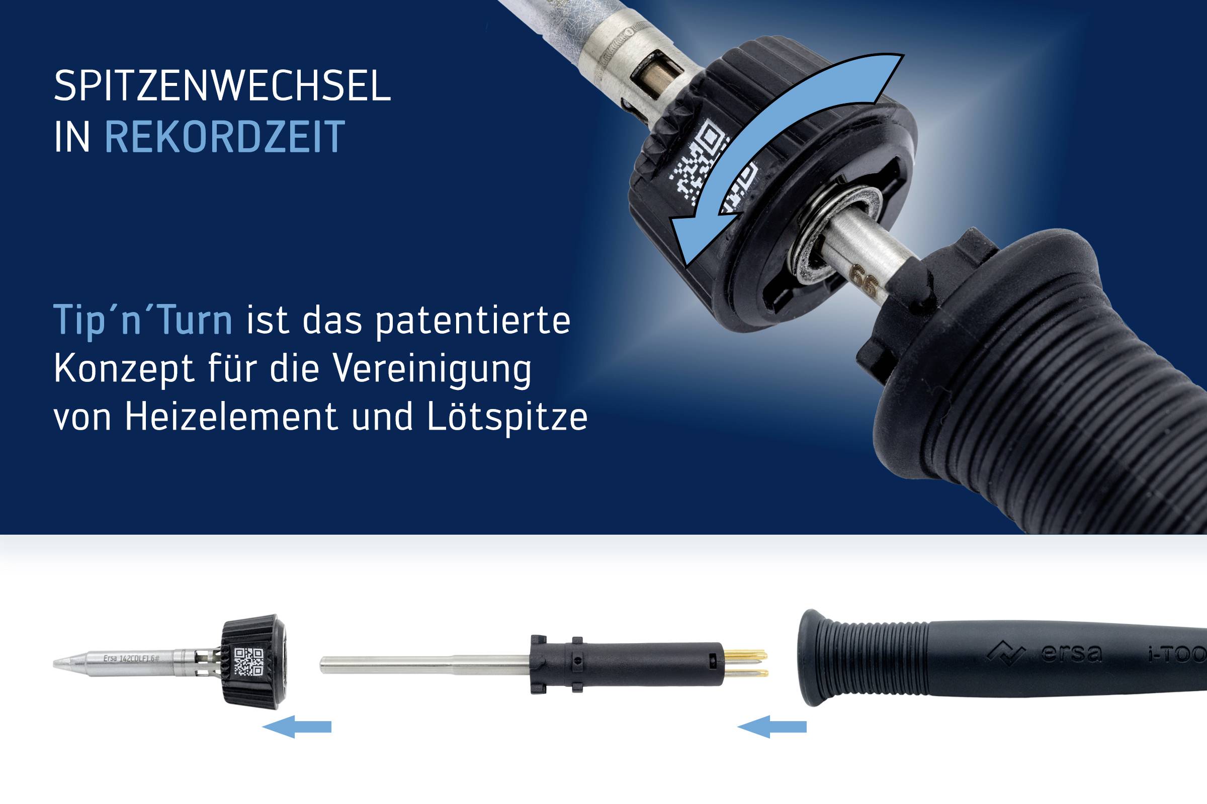 'Spitzenwechsel in Rekordzeit' zeigt ein Gerät, das durch Drehung schnell die Lötspitze wechselt. Unten Details der Bauweise.