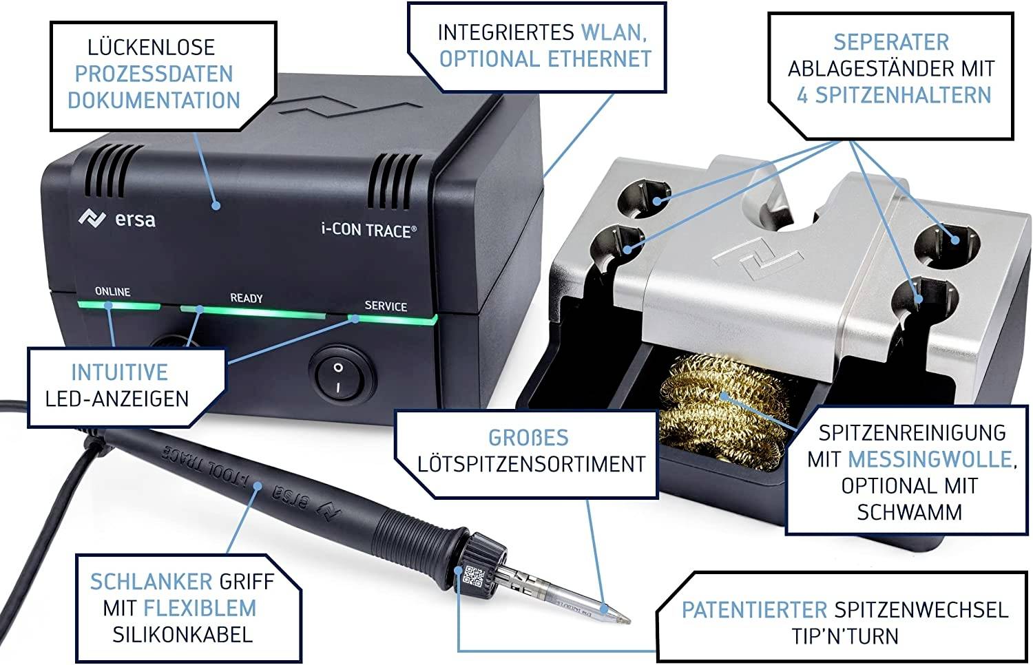 Lötstation mit funktionsreichen Komponenten: integriertes WLAN, großes Lötspitzensortiment, Spitzenreinigung und LED-Anzeigen.