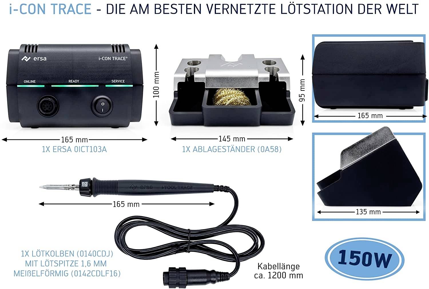 Lötstation i-CON TRACE: Enthält ERSA i-CON 1, Lötspitze, Ablageständer, Schwamm; 150W Leistung, Kabellänge ca. 1200 mm.