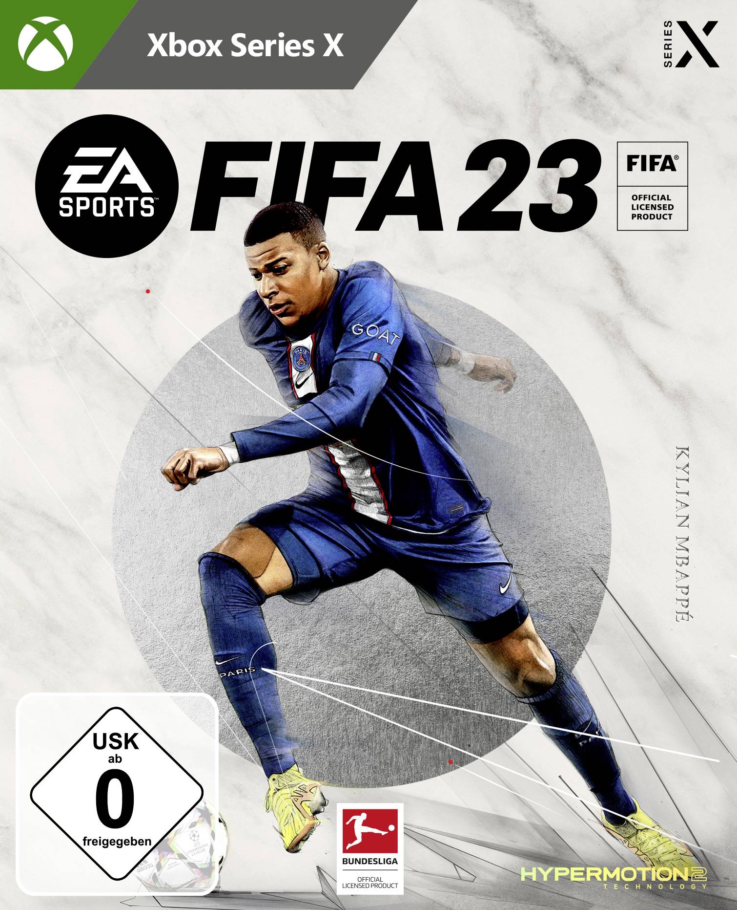 Ein Fußballspieler in Aktion auf dem Cover von 'FIFA 23' für Xbox Series X. Enthält Logos von EA Sports, Bundesliga und USK 0.