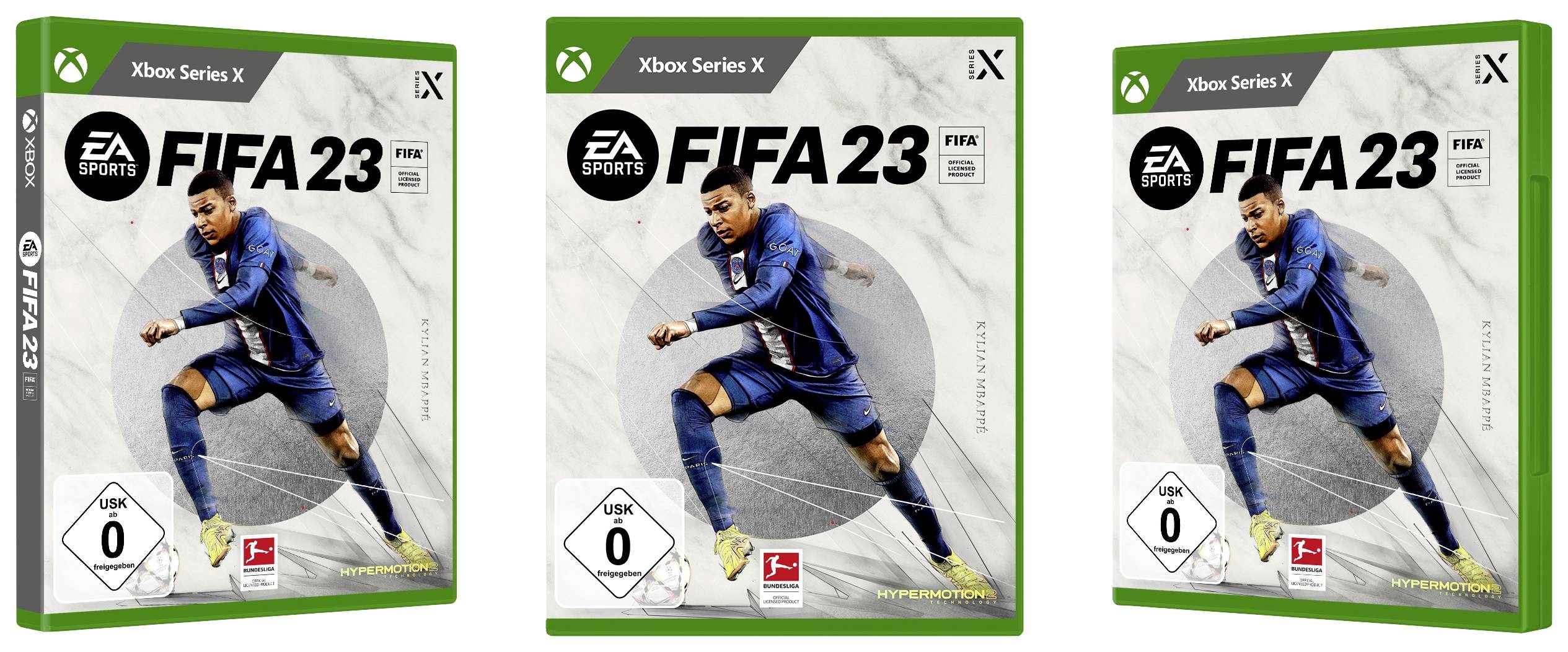 Drei Xbox-Series-X-Spielhüllen des Videospiels 'FIFA 23' mit einem Fußballspieler in Aktion. Jede Hülle zeigt das gleiche Coverdesign.