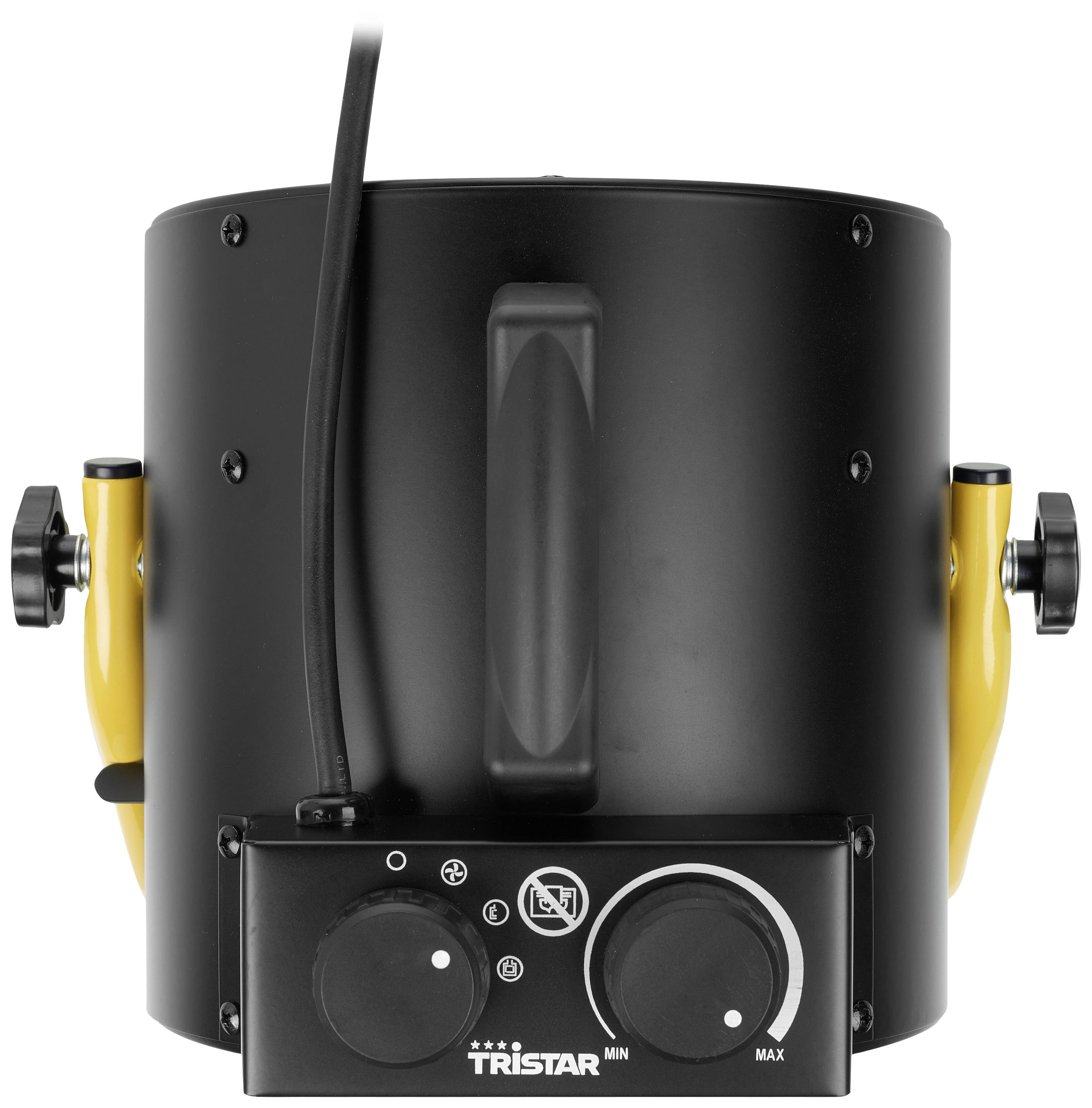 Schwarzes, zylindrisches Gerät mit zwei gelben Griffen und Bedienelementen vorne. Markenname 'TRISTAR' mit Einstellregler für Min und Max.