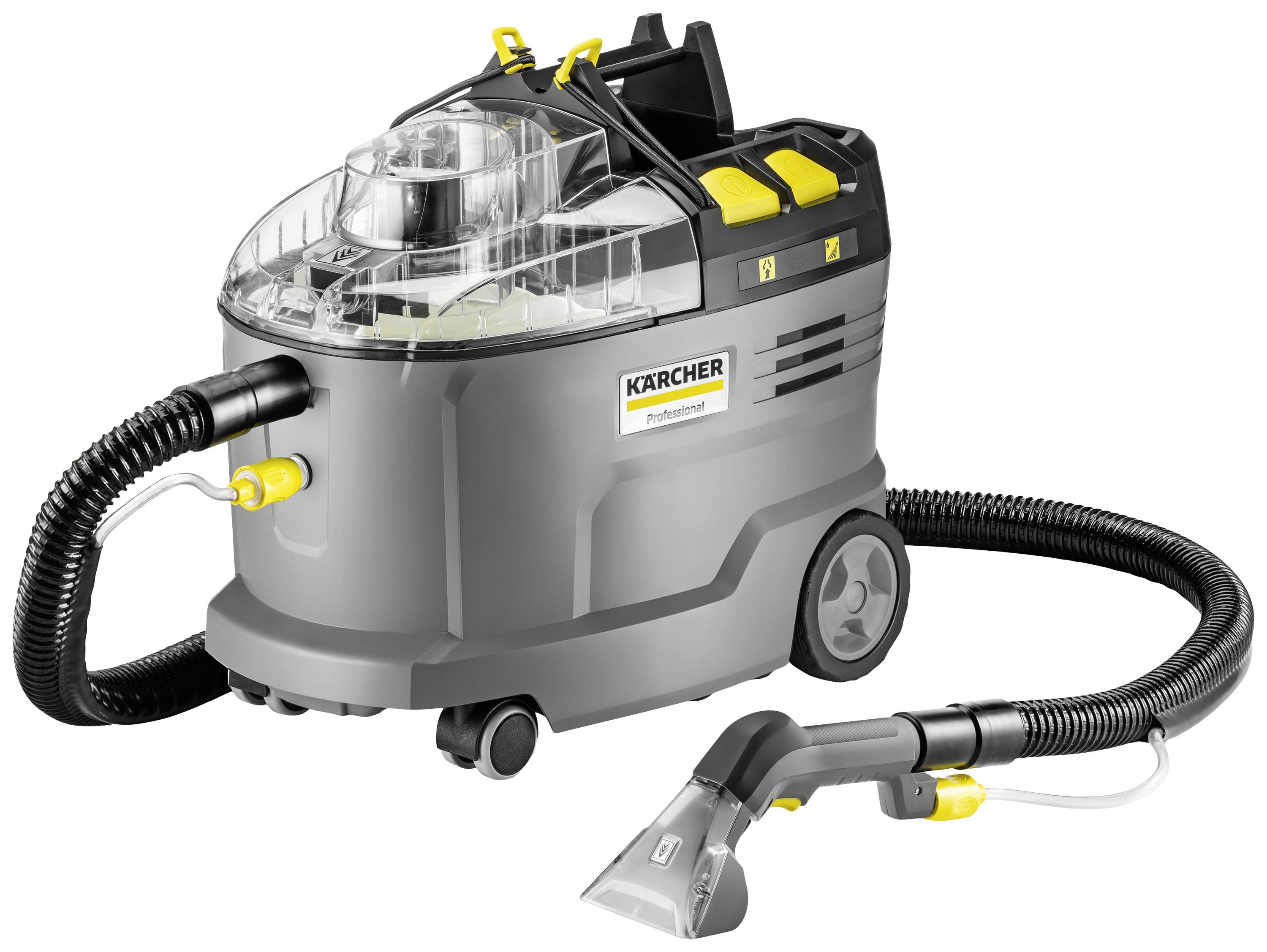 Ein grauer Industriestaubsauger mit transparentem Wassertank, Schlauch und Aufsatz, geeignet für die professionelle Reinigung.