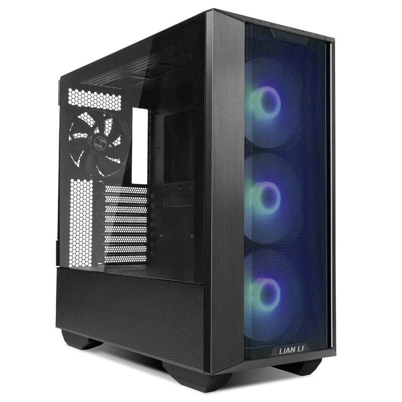 Schwarzes Computergehäuse mit transparentem Seitenteil und drei leuchtenden Lüftern an der Front. Geeignet für Gaming-PC-Bau.