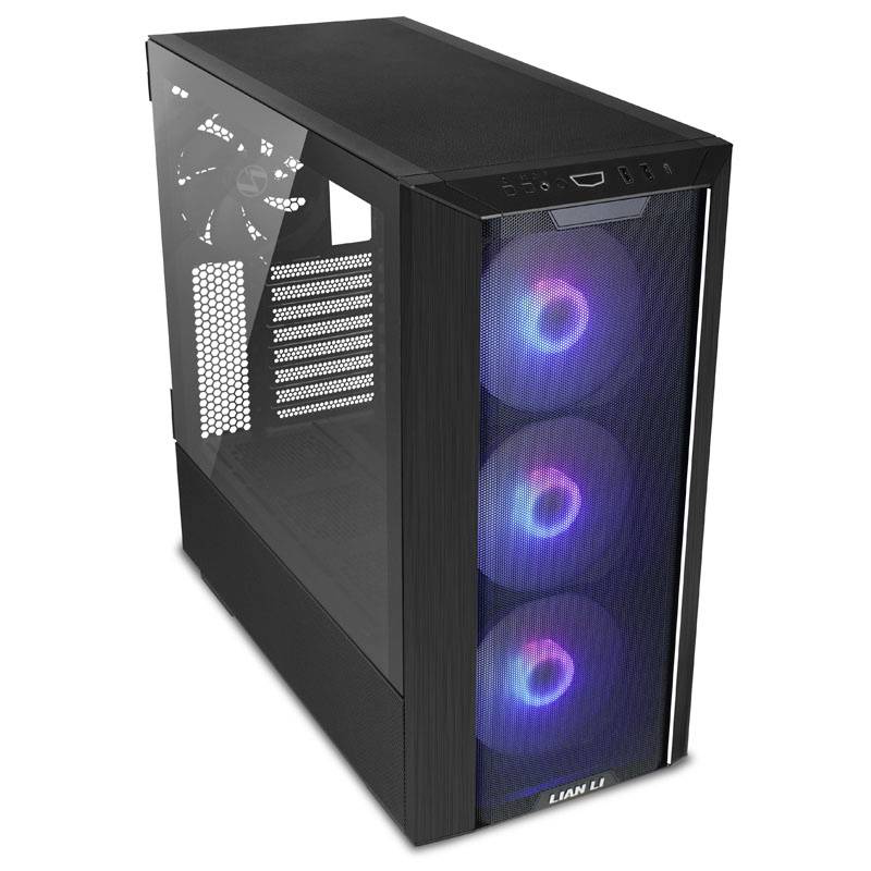 Modernes Computergehäuse mit transparentem Seitenpanel und drei beleuchteten Lüftern. Ideal für Gaming-PC-Bau.