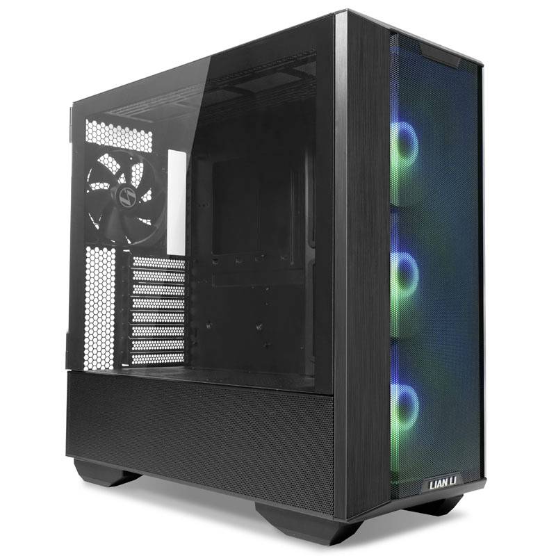 Ein schwarzes Computergehäuse mit transparenter Seitenwand und leuchtenden Lüftern an der Front. Ideal für Gaming-PC-Builds.