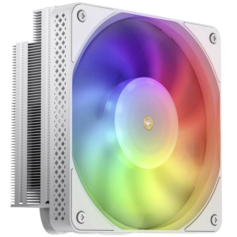Ein weißer Computerlüfter mit RGB-Beleuchtung, der auf einem Kühlkörper montiert ist. Die Beleuchtung wechselt die Farben in einem Regenbogeneffekt.