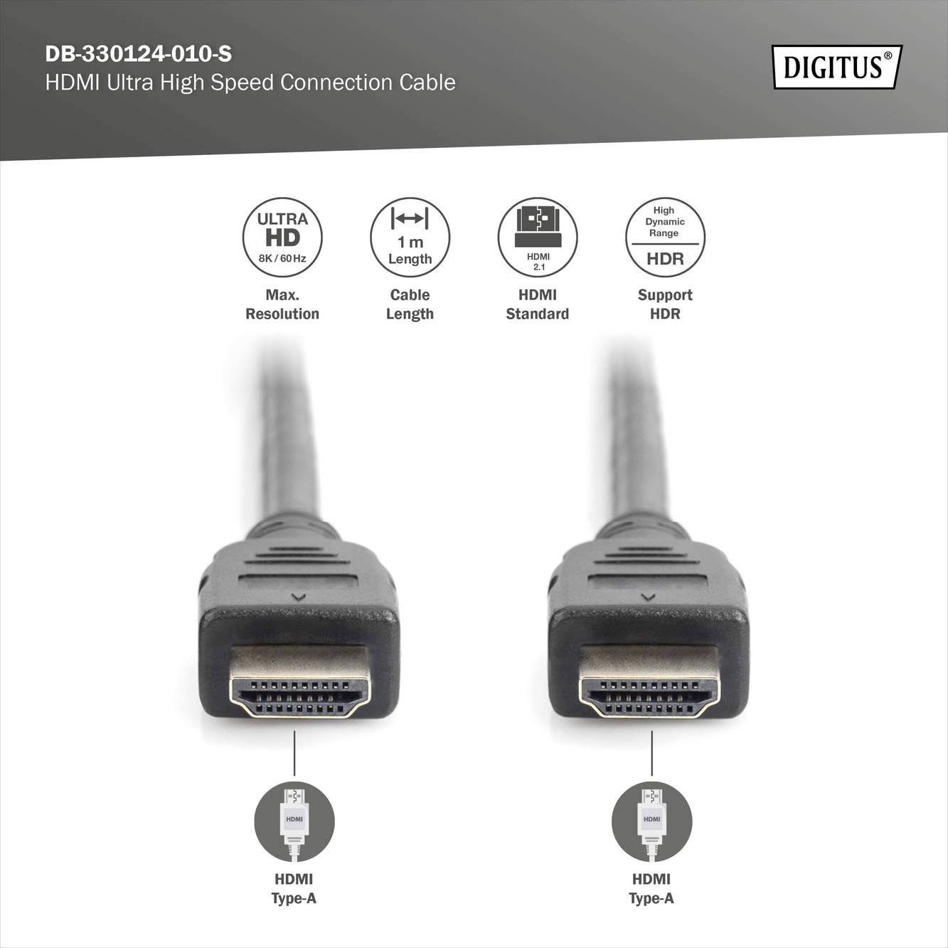 Digitus HDMI Anschlusskabel HDMI-A Stecker 1.00m Schwarz DB-330124-010-S 8K UHD, vergoldete Steckkontakte HDMI-Kabel
