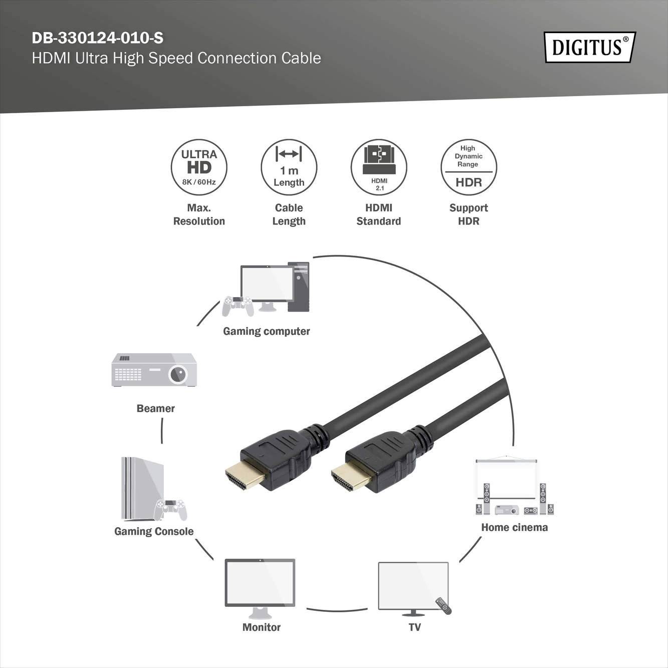 Digitus HDMI Anschlusskabel HDMI-A Stecker 1.00m Schwarz DB-330124-010-S 8K UHD, vergoldete Steckkontakte HDMI-Kabel