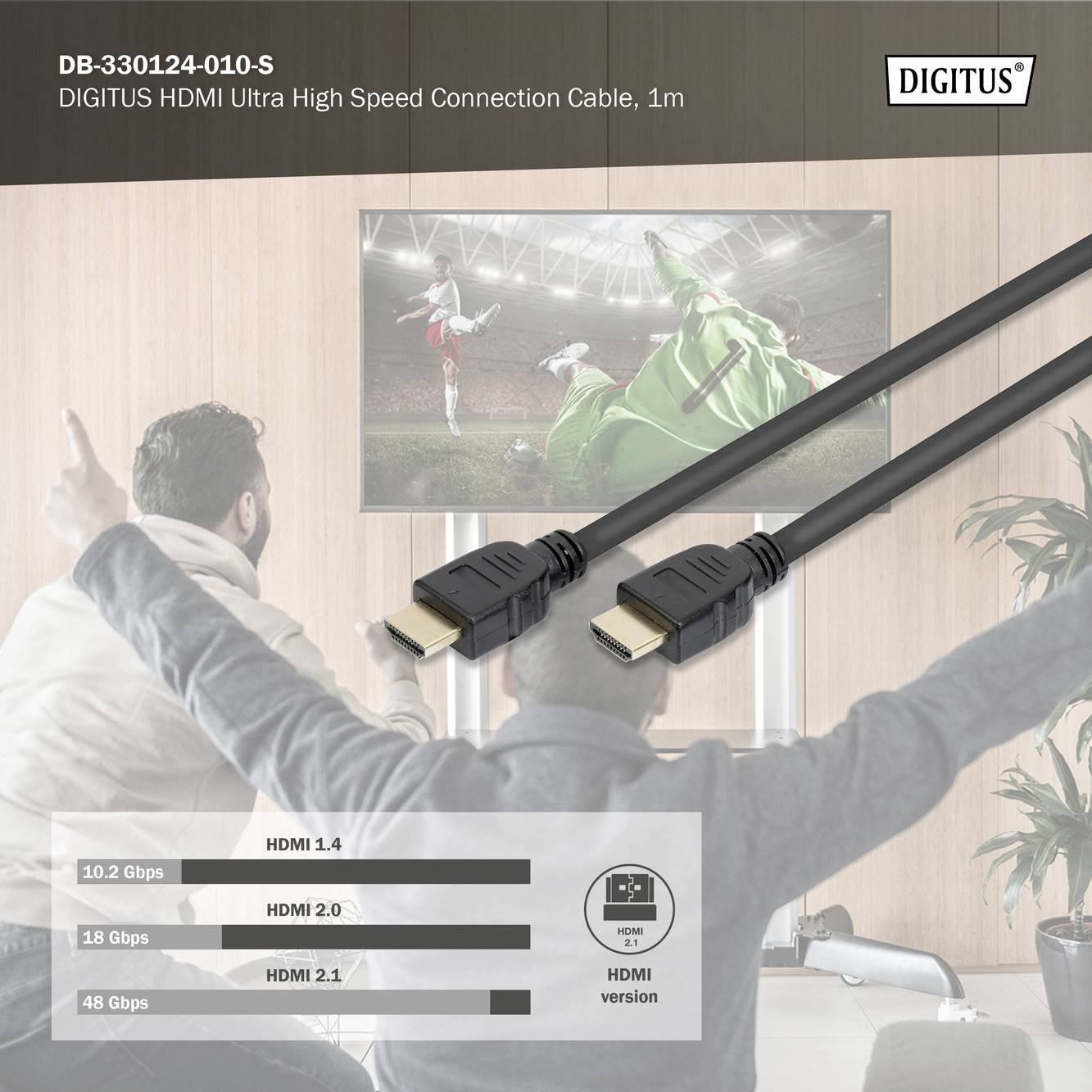 Digitus HDMI Anschlusskabel HDMI-A Stecker 1.00m Schwarz DB-330124-010-S 8K UHD, vergoldete Steckkontakte HDMI-Kabel