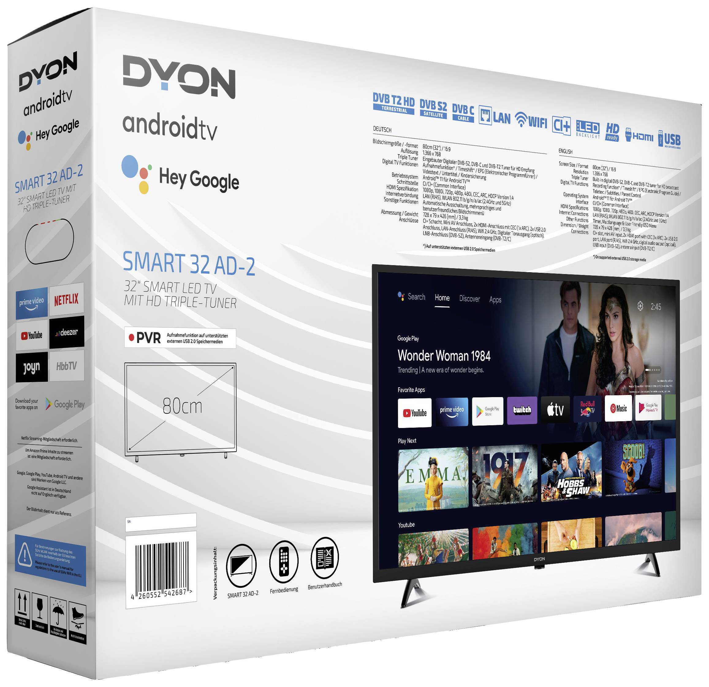 Dyon Smart 32 AD-2 LED-TV 80 cm 32 Zoll EEK G (A - G) DVB-T2, DVB-C, DVB-S2, HD ready, Smart TV, WLAN, CI+ Schwarz