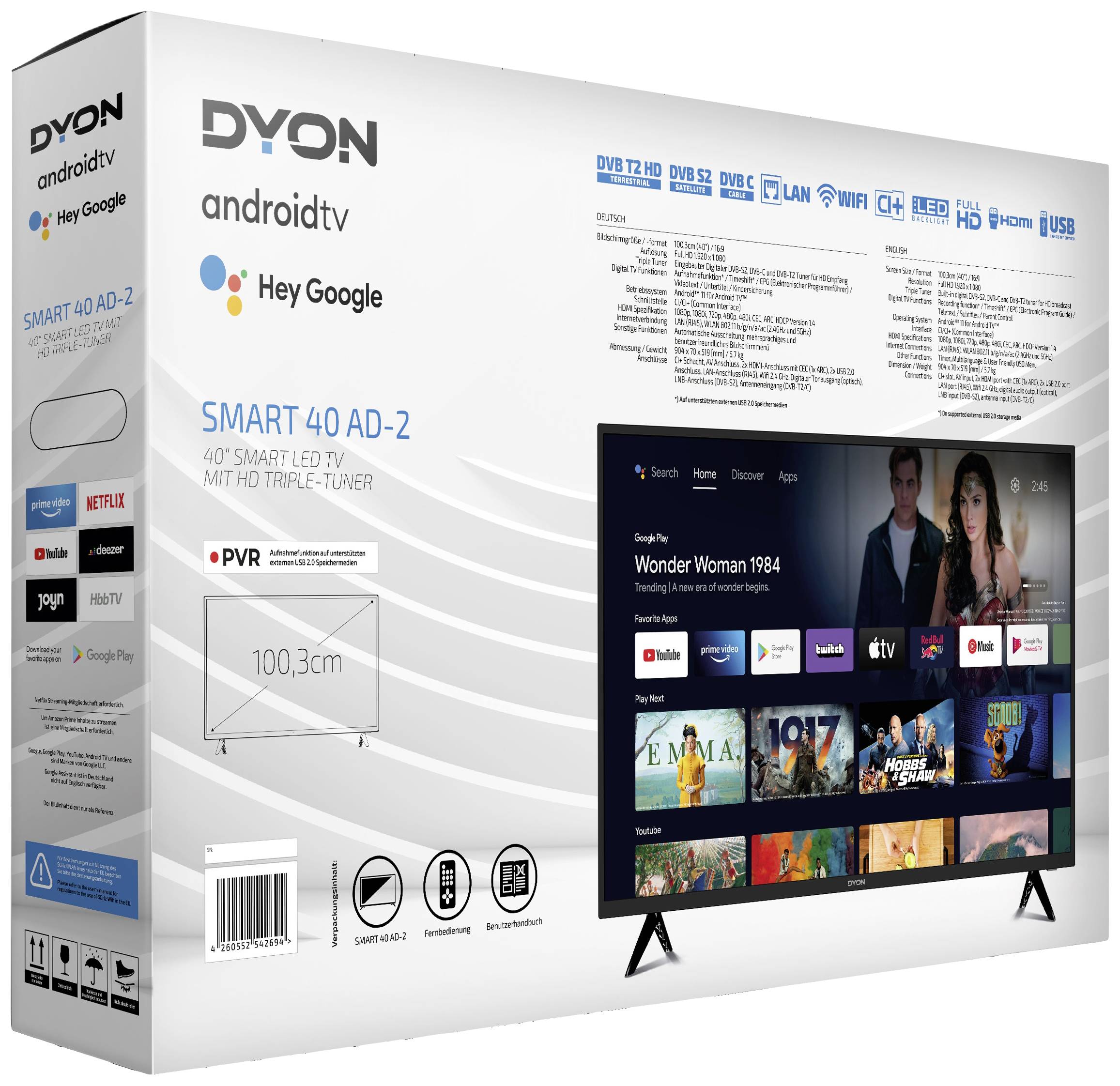 Dyon Smart 40 AD-2 LED-TV 100.3cm 40 Zoll EEK E (A - G) DVB-T2, DVB-C, DVB-S2, Full HD, Smart TV, WLAN, CI+ Schwarz