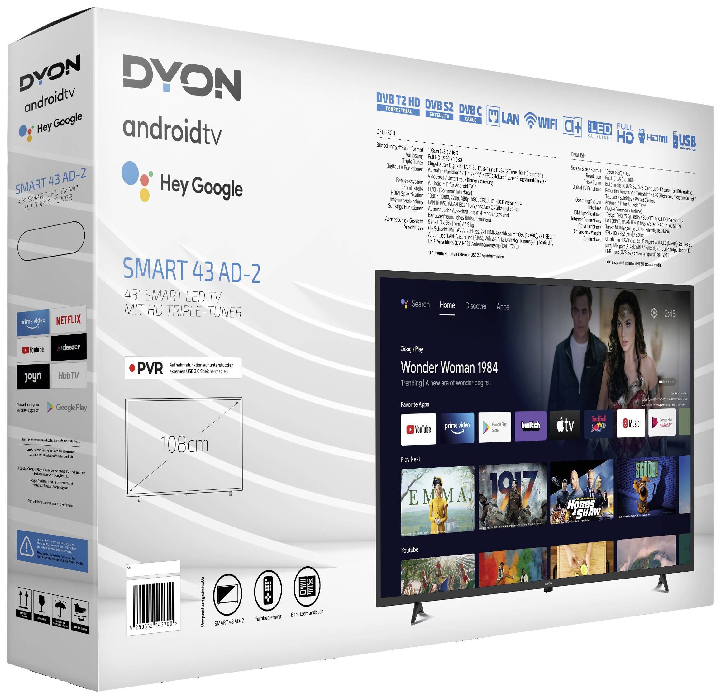 Dyon Smart 43 AD-2 LED-TV 108cm 43 Zoll EEK G (A - G) DVB-T2, DVB-C, DVB-S2, Full HD, Smart TV, WLAN, CI+ Schwarz