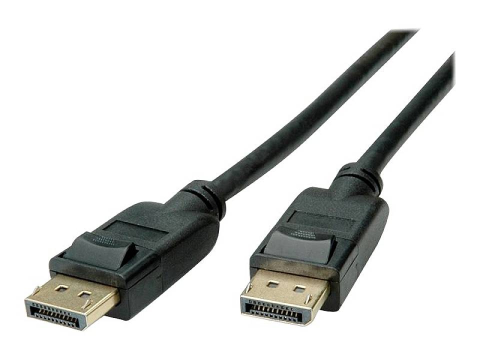 Ein schwarzes DisplayPort-Kabel mit zwei identischen Steckern, die sich gegenüberliegen. Kabel dient zur Video- und Audioübertragung.