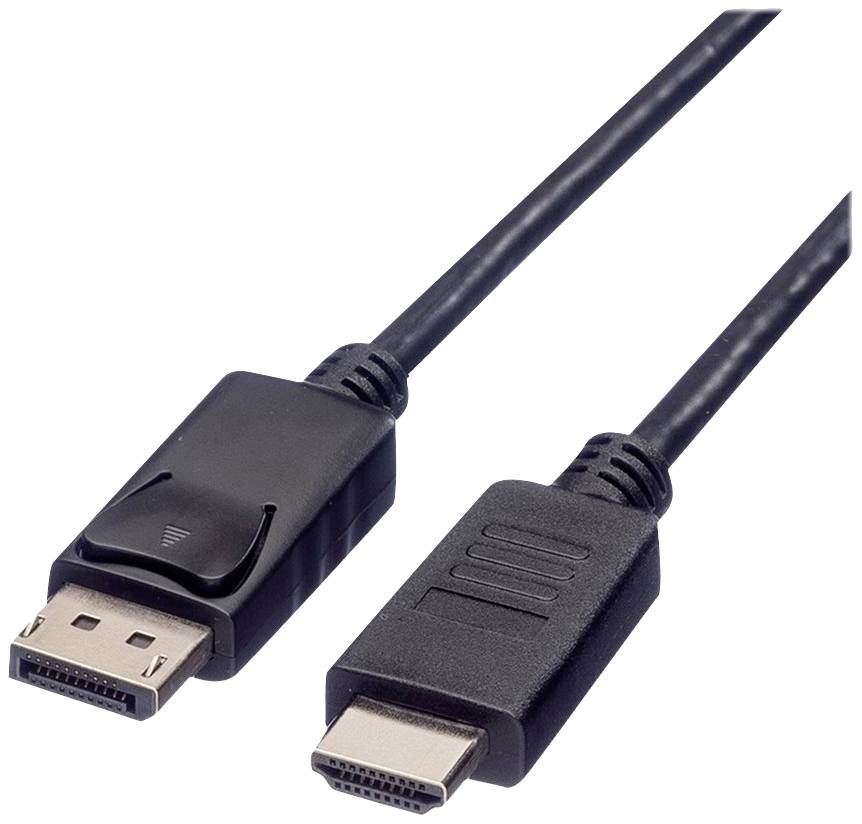Ein schwarzes Kabel mit zwei verschiedenen Anschlüssen: links ein DisplayPort-Stecker, rechts ein HDMI-Stecker.