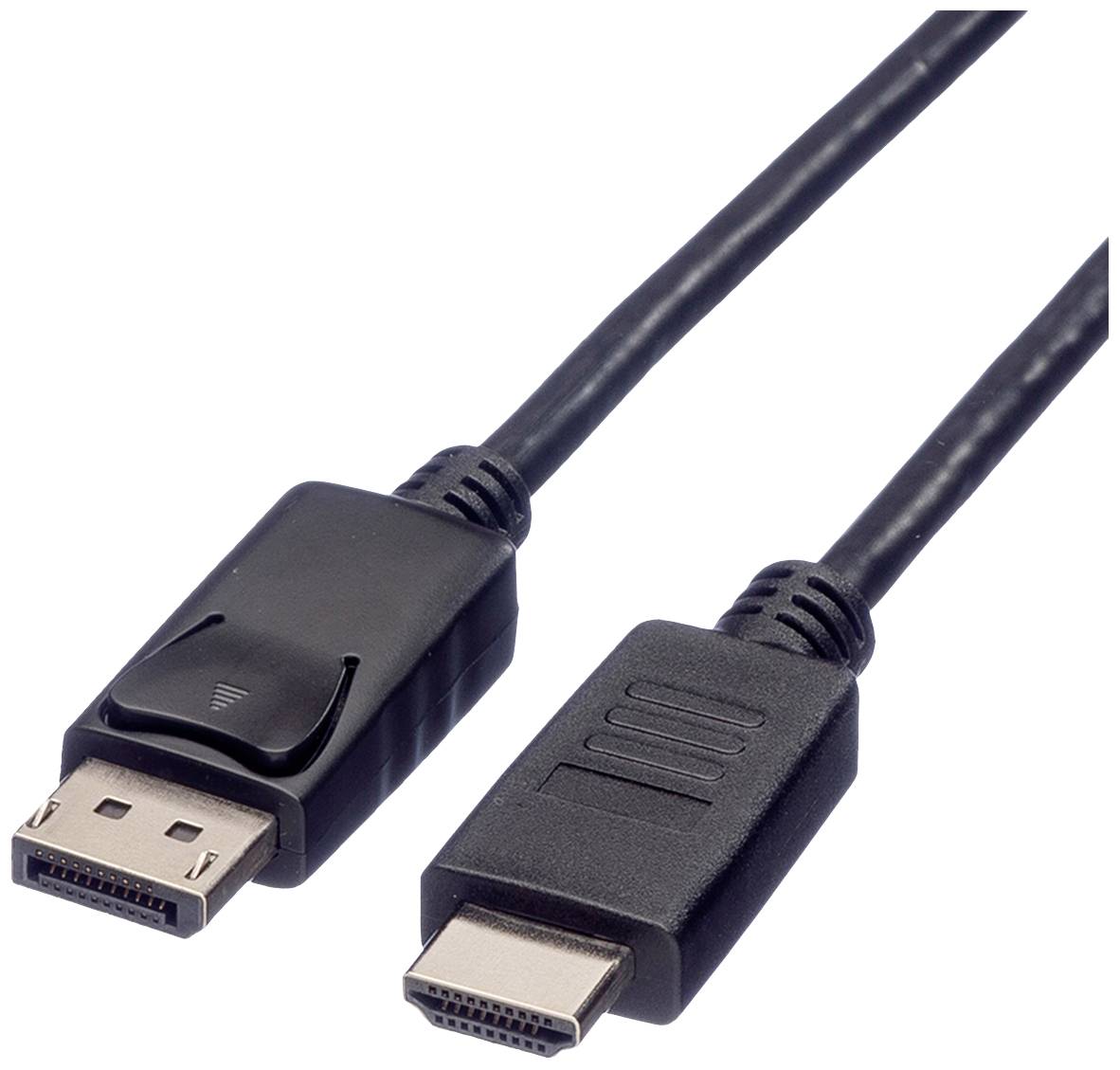 Ein schwarzes Kabel mit einem DisplayPort- und einem HDMI-Stecker, geeignet zur Verbindung von Monitor und Computer.