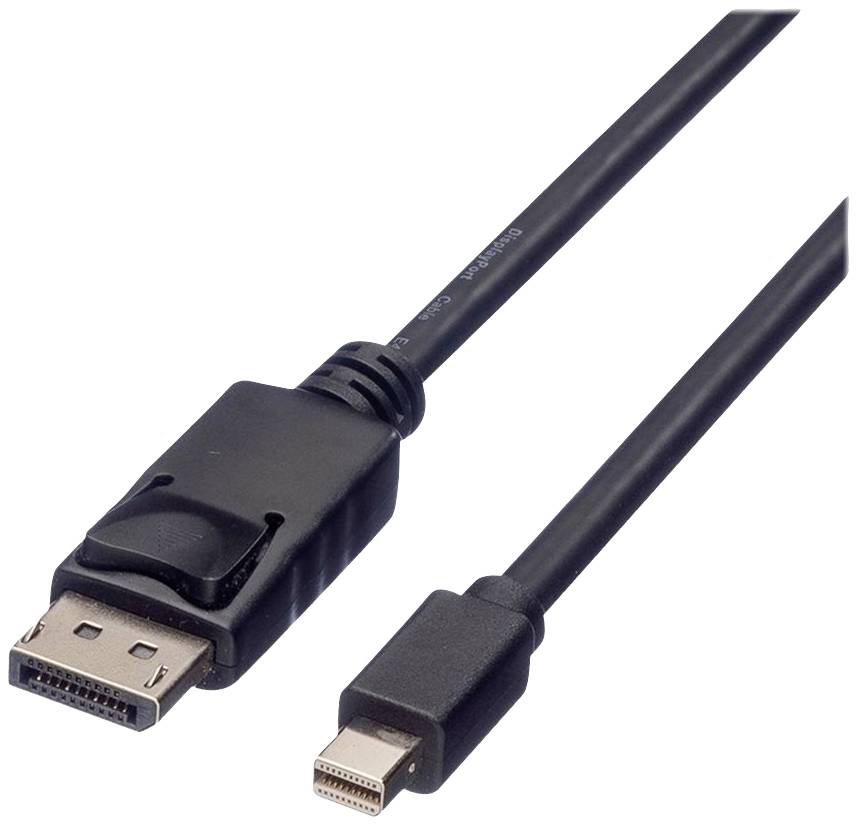 Ein schwarzes DisplayPort-zu-Mini-DisplayPort-Kabel mit einem rechteckigen Stecker auf der einen Seite und einem kleineren Stecker auf der anderen Seite.