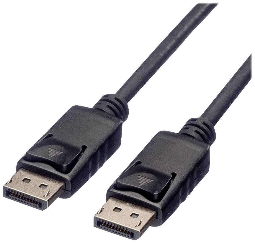 Zwei schwarze DisplayPort-Kabel mit Steckern an beiden Enden, verwendet zum Verbinden von Monitoren mit Computern für die Videoübertragung.