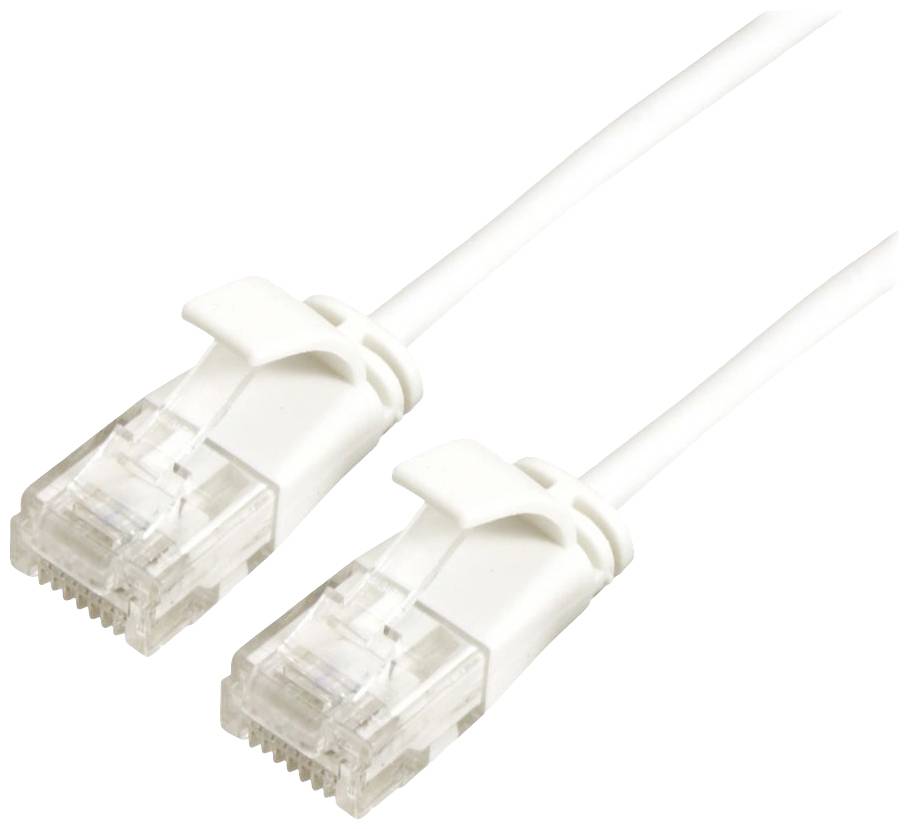 Zwei weiße Ethernet-Kabel mit transparenten Steckern, verbinden Computer mit Netzwerkgeräten für schnelle Datenübertragung.