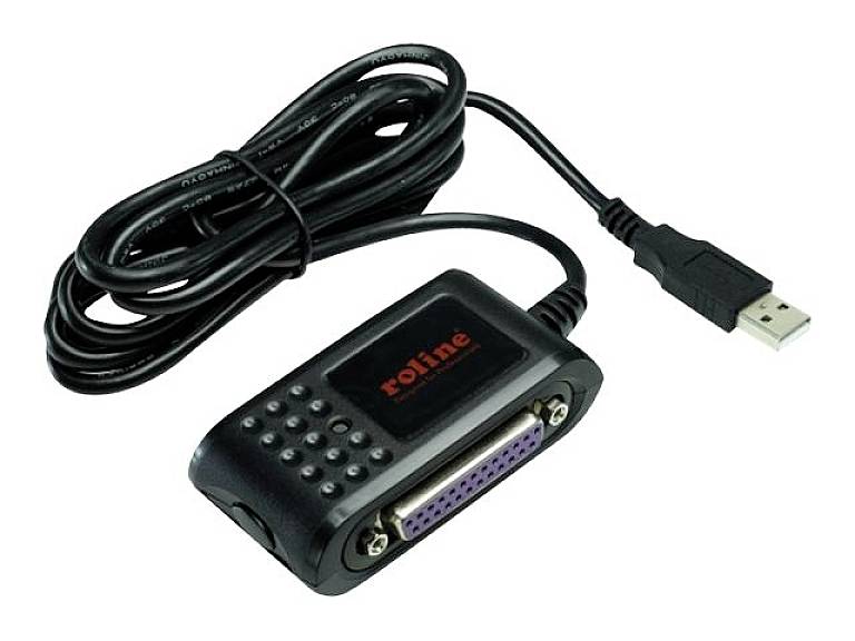 'Roline' USB-zu-RS-232-Adapter, schwarz, verbindet USB-Geräte mit älteren Parallelports, geeignet für Datenübertragungen.