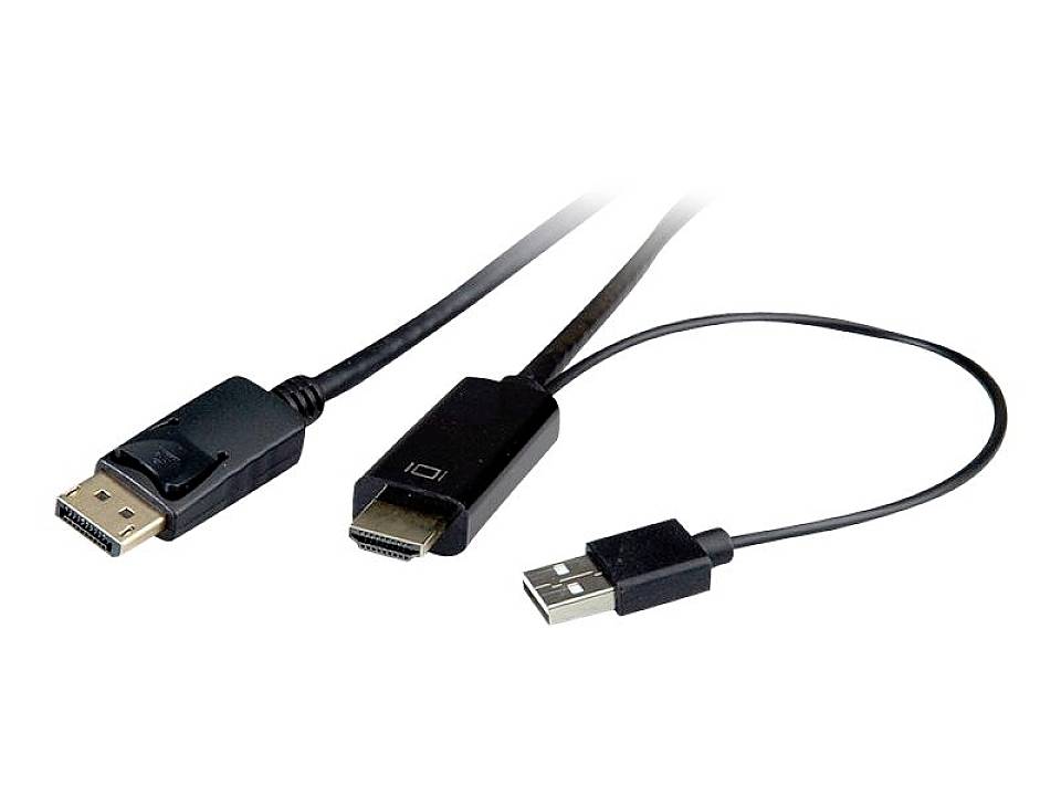 Drei Kabelanschlüsse: DisplayPort, HDMI und USB. Sie sind nebeneinander angeordnet auf weißem Hintergrund.