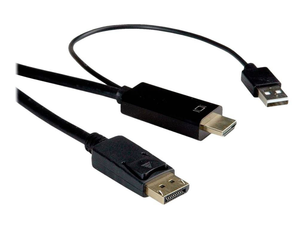 Drei Kabelanschlüsse: DisplayPort zu HDMI-Konverter und USB-Stromkabel. Geeignet für die Verbindung von Computern mit HDMI-Displays.